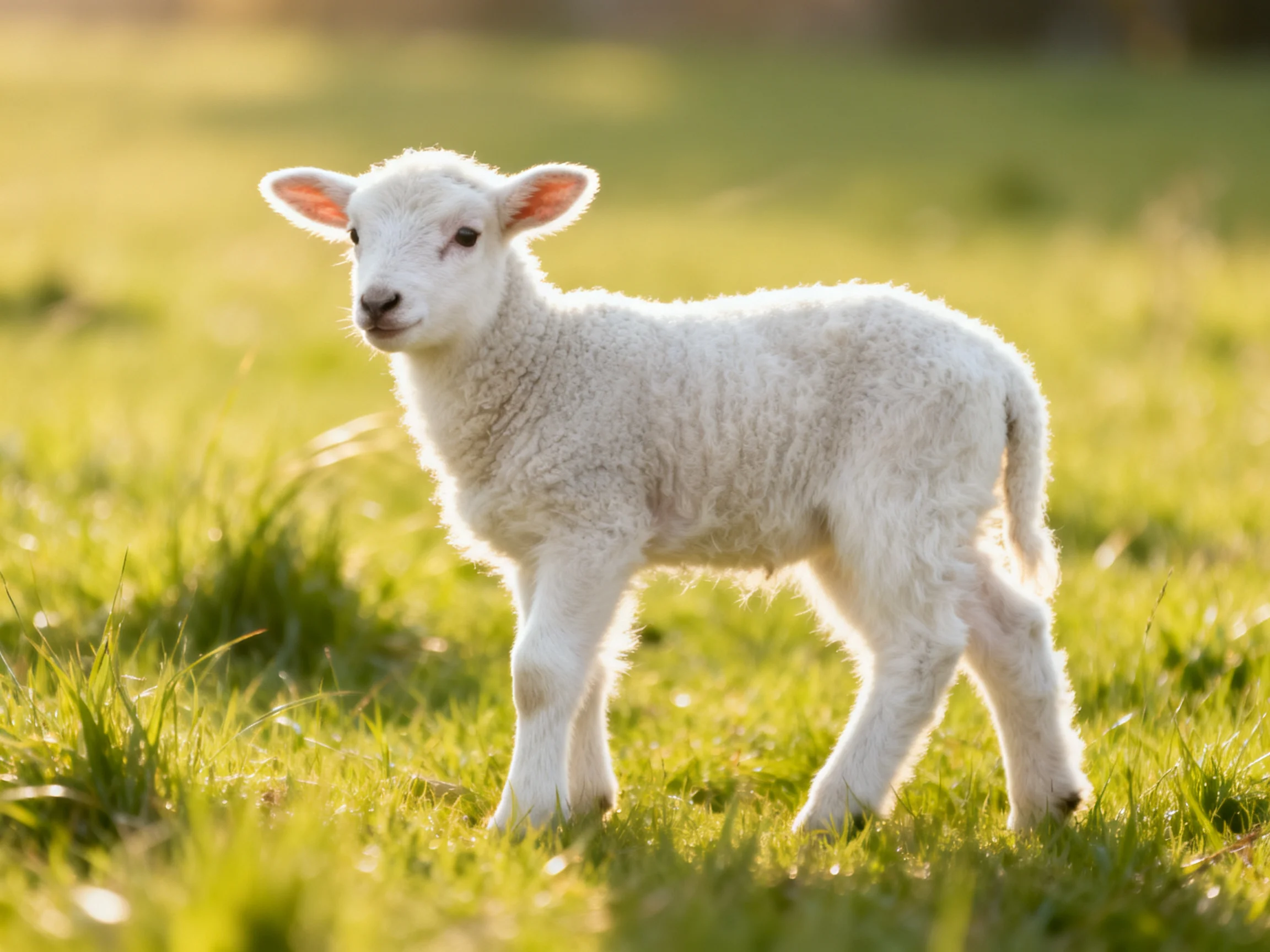 A fluffy white lamb standing in a sunlit green meadow
