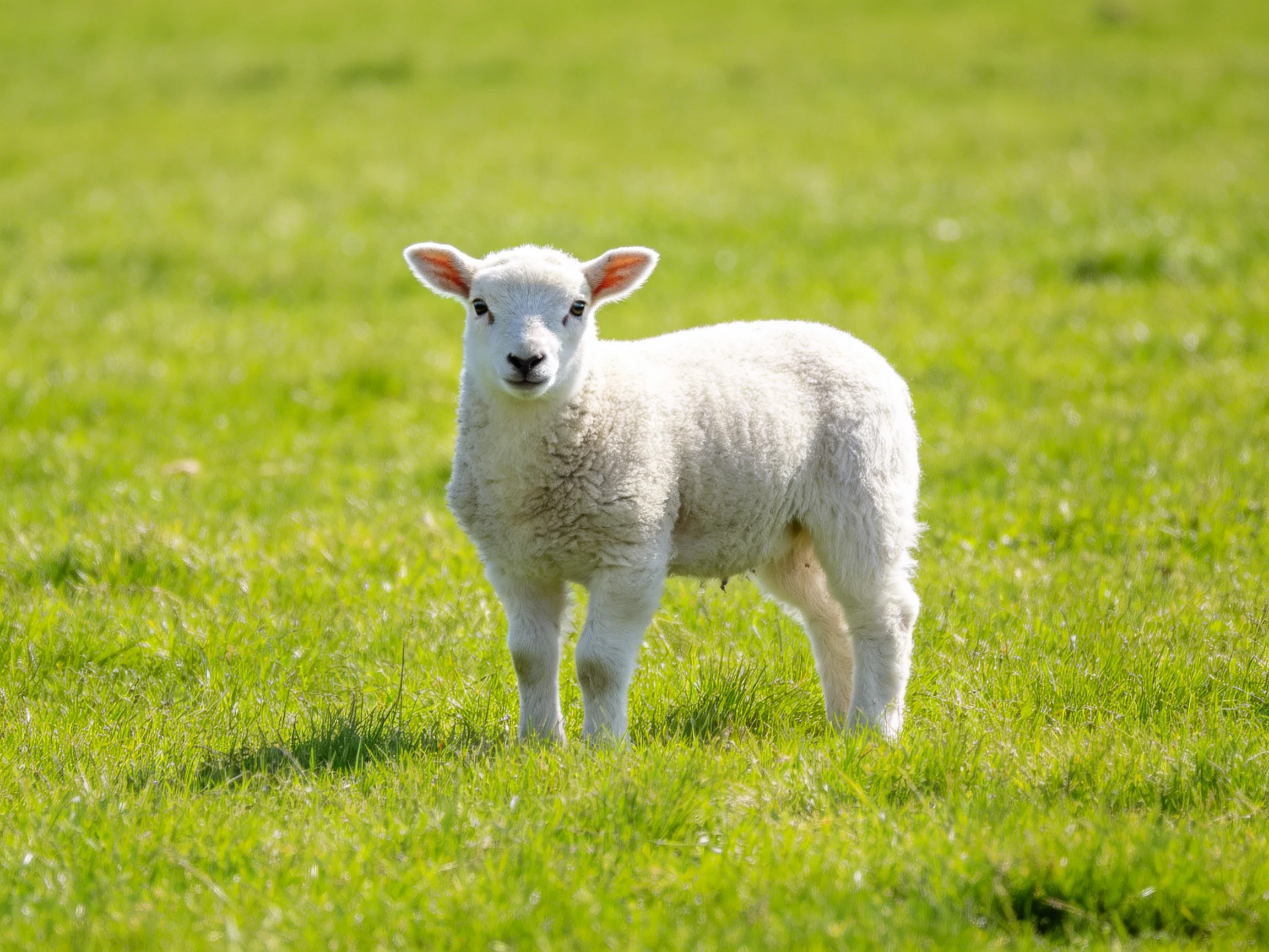 A fluffy white lamb stands alone in a lush green meadow