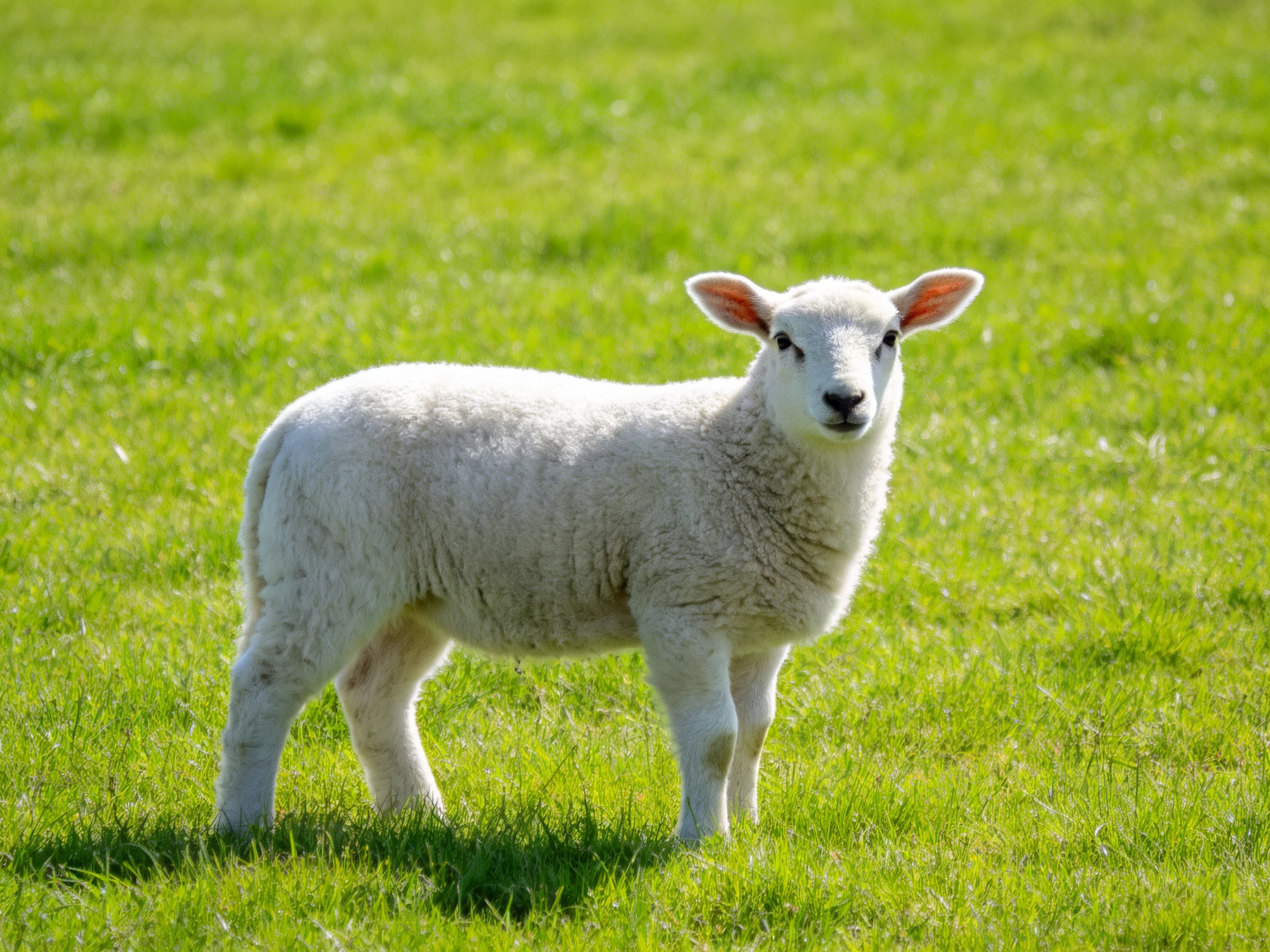 A fluffy white lamb stands alone in a lush green meadow