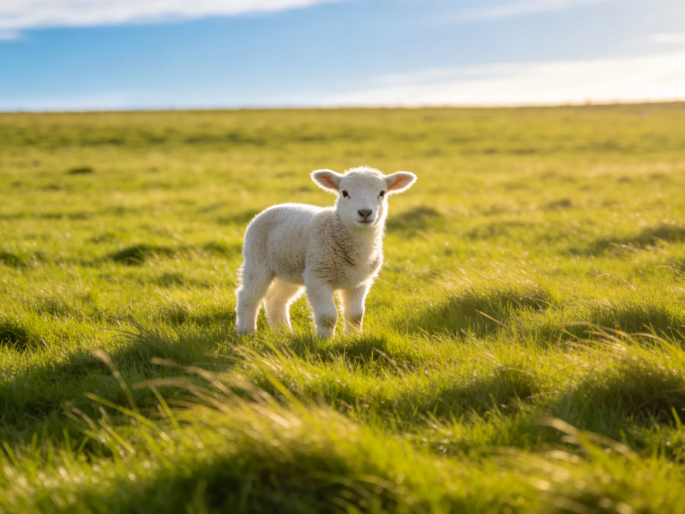 A fluffy white lamb stands alone in a sunlit green meadow