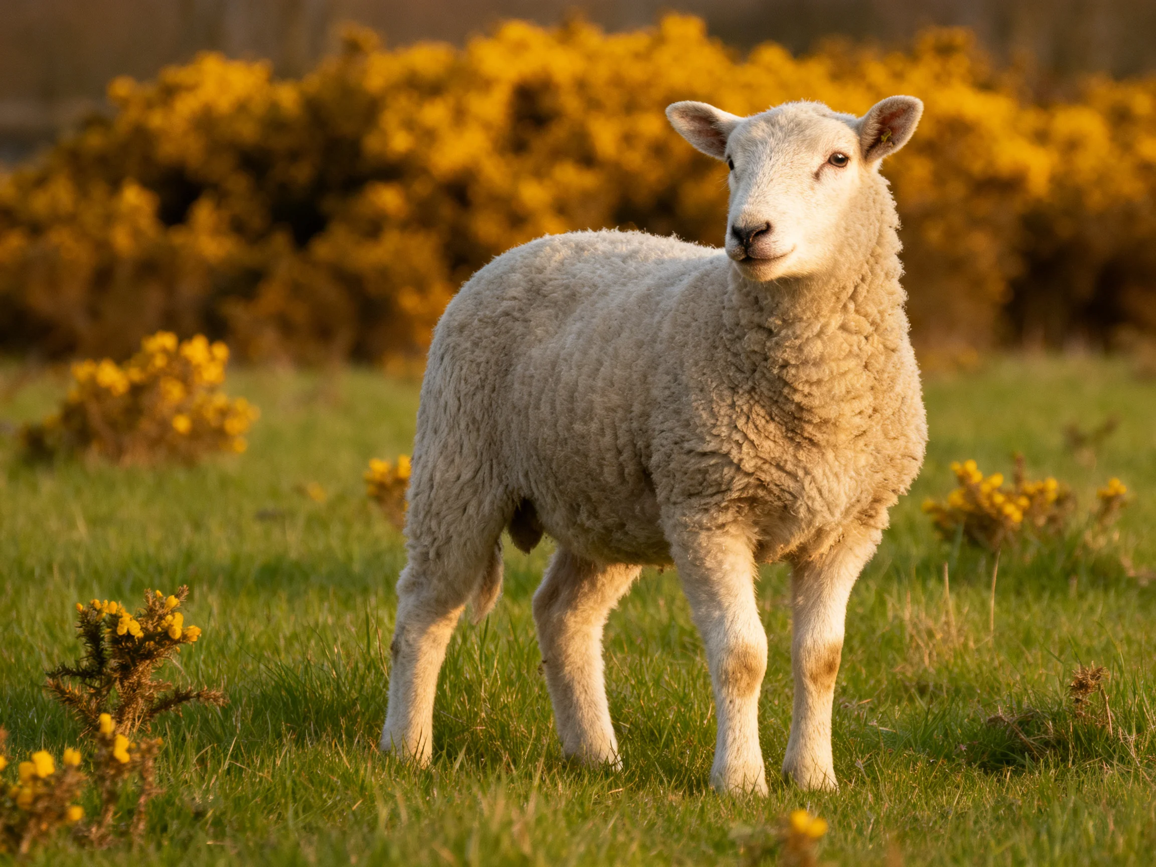 A fluffy white lamb stands amid bright yellow gorse bushes