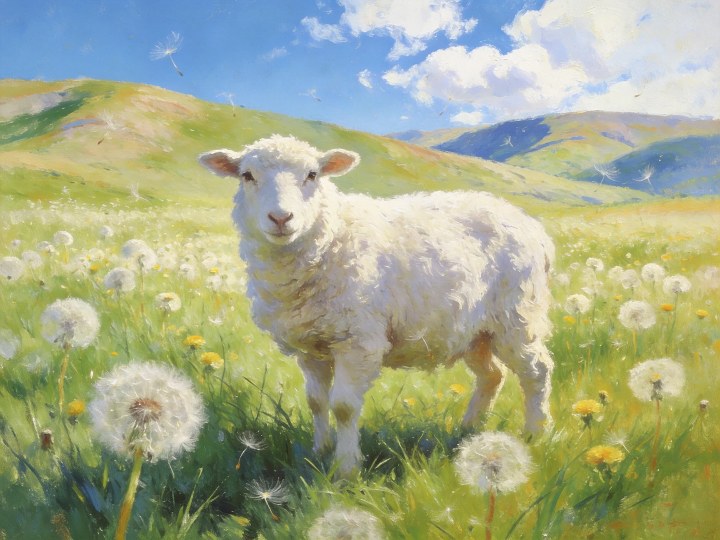 A fluffy white lamb stands amid dandelions in a sunlit meadow
