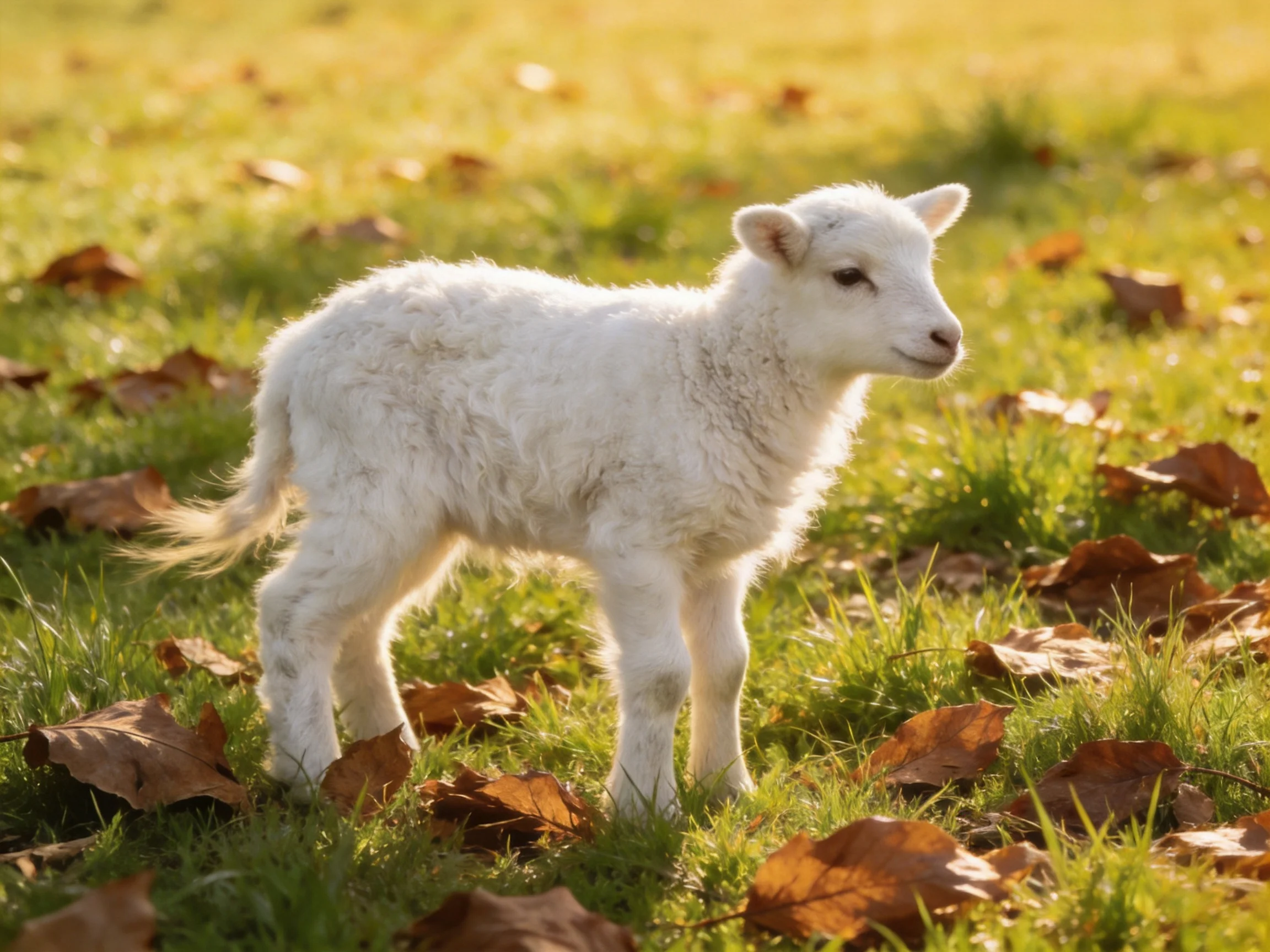 A fluffy white lamb stands amid green grass and brown fallen leaves