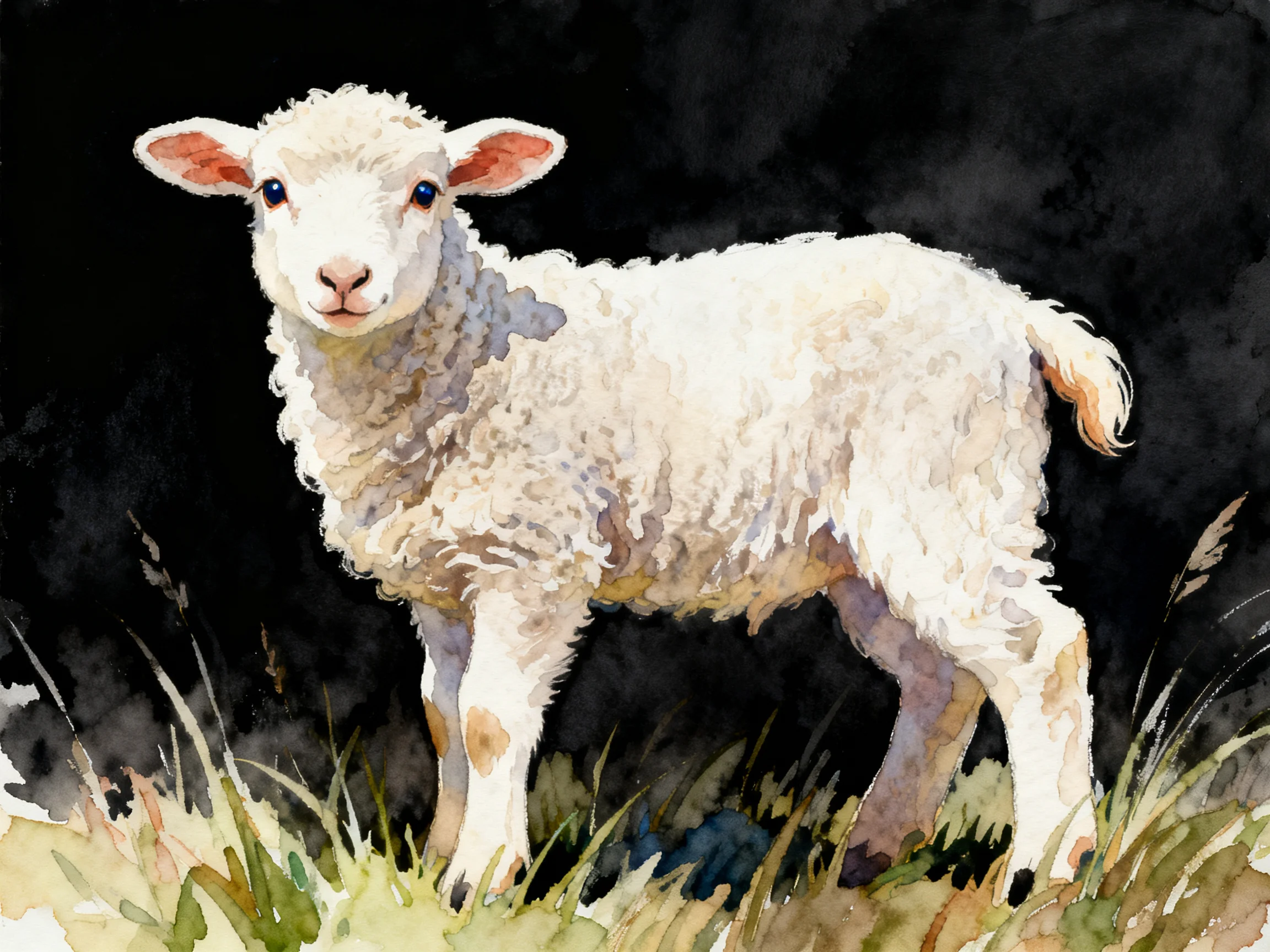 A white lamb with soft wool stands among grass under a dark sky.