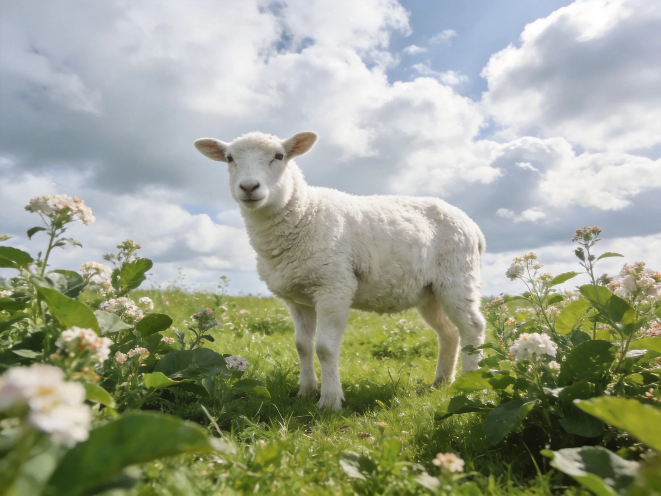 A fluffy white lamb stands among blooming flowers under a cloudy blue sky