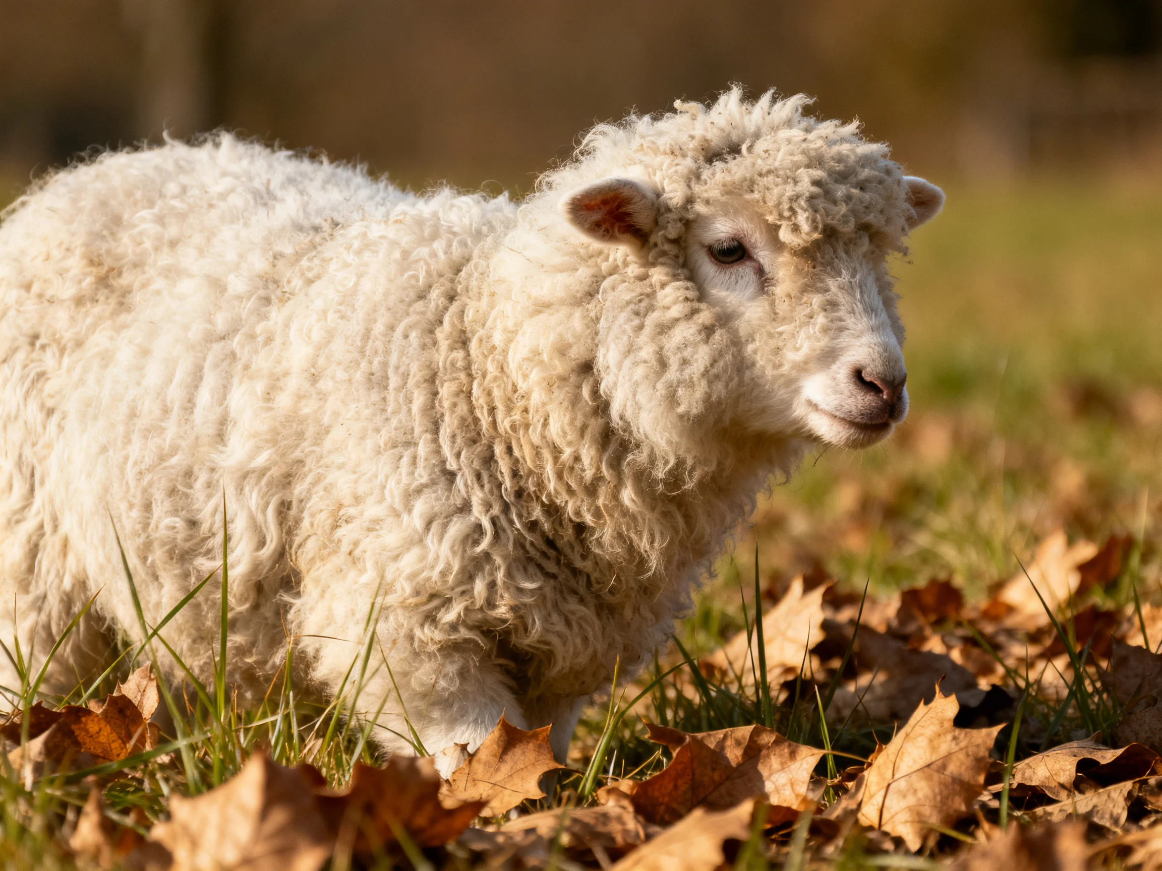 A fluffy white lamb stands among golden fallen leaves and green grass