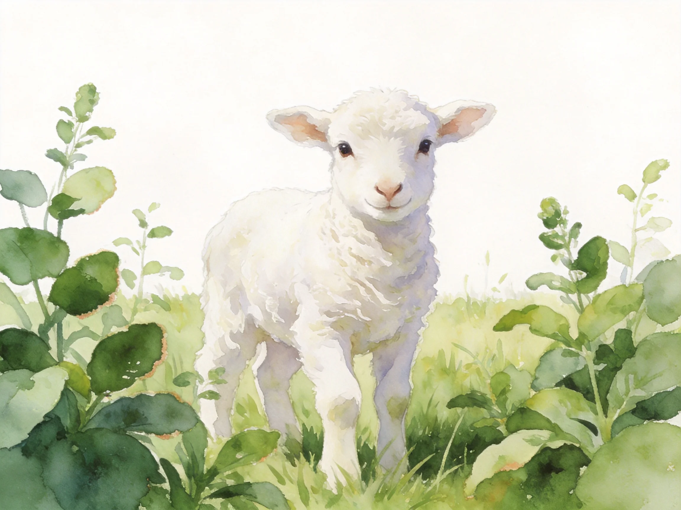A fluffy white lamb stands among lush green foliage