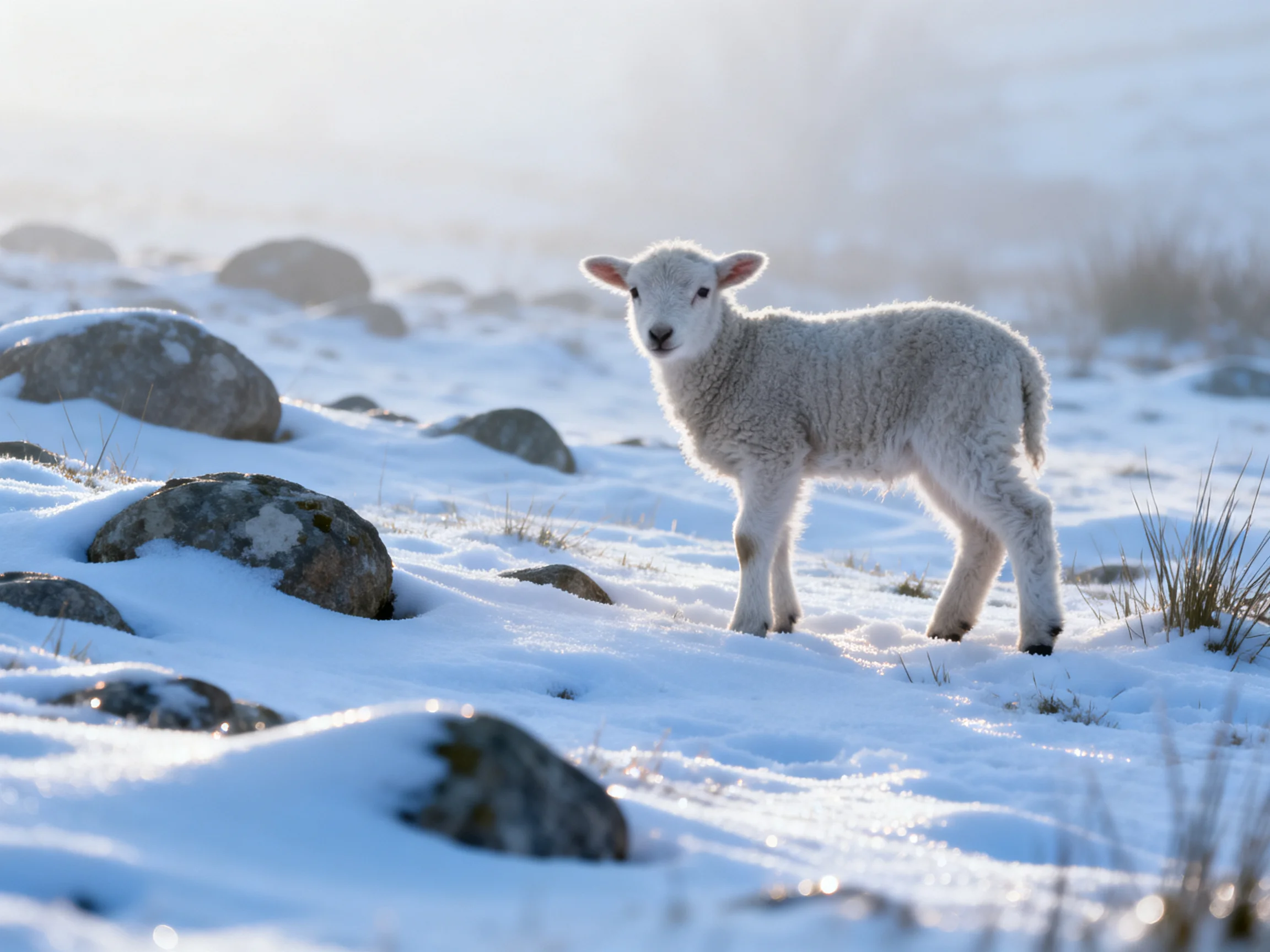 A young sheep stands amid snow - laden rocks in a sunlit wintry landscape.