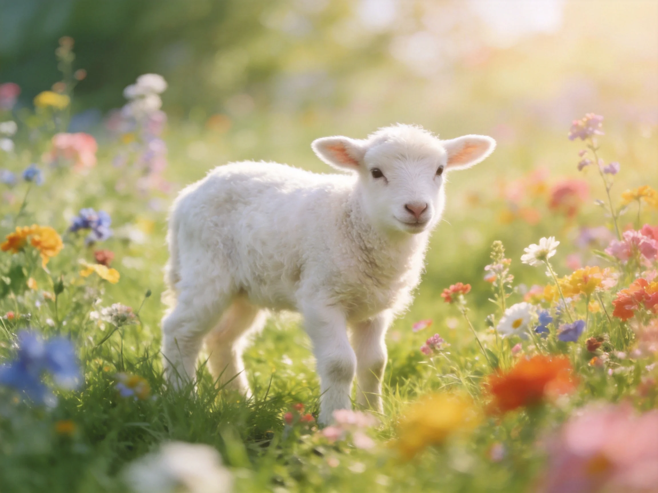 A fluffy white lamb stands among vibrant wildflowers in a sunlit meadow