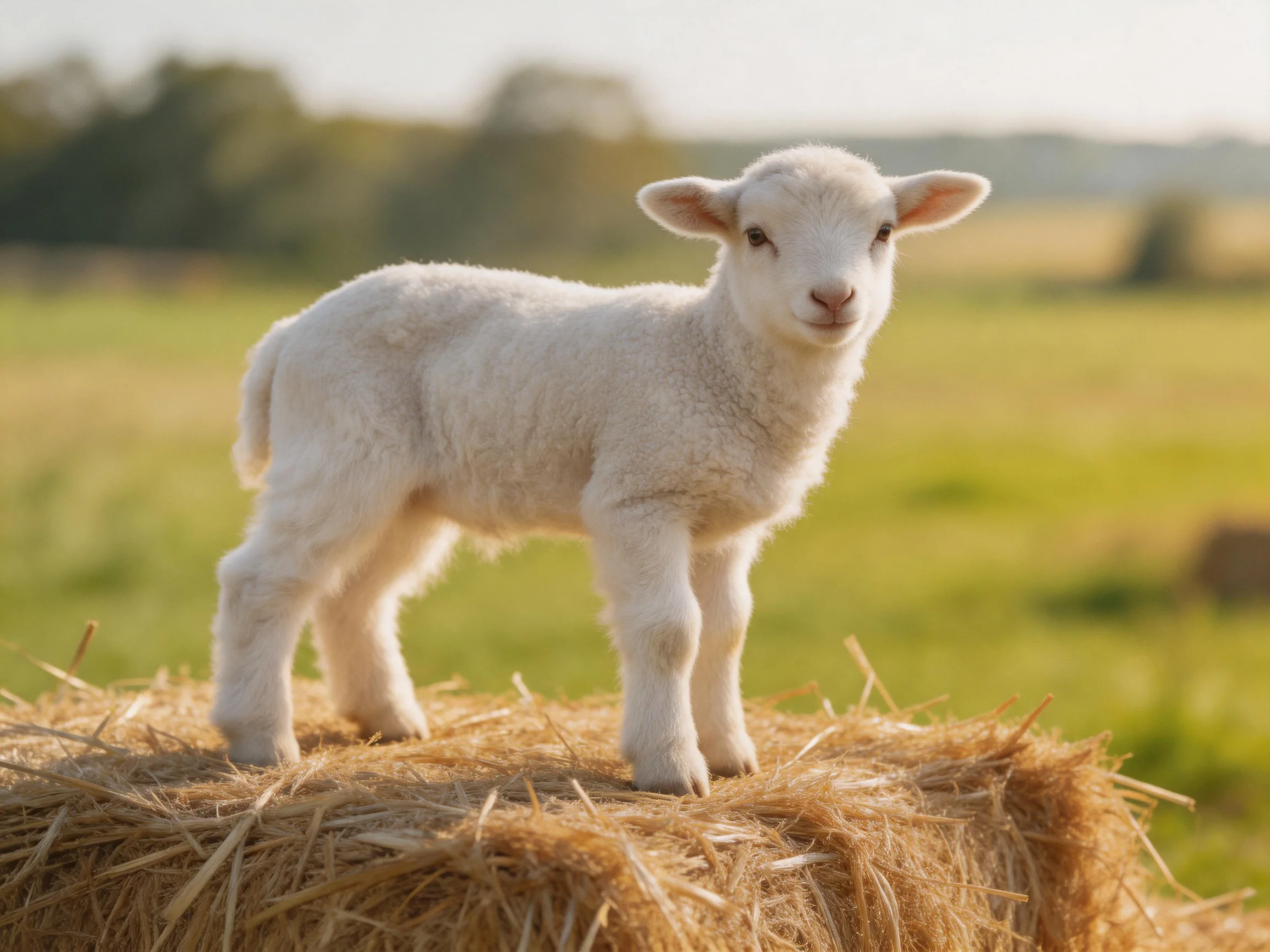 A young white lamb stands on a hay bale in a sunlit pasture.