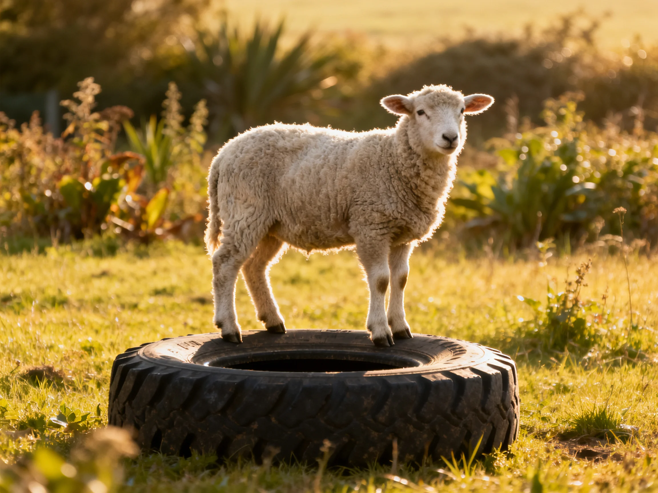 A fluffy white lamb stands atop a large black tire in a sunlit meadow