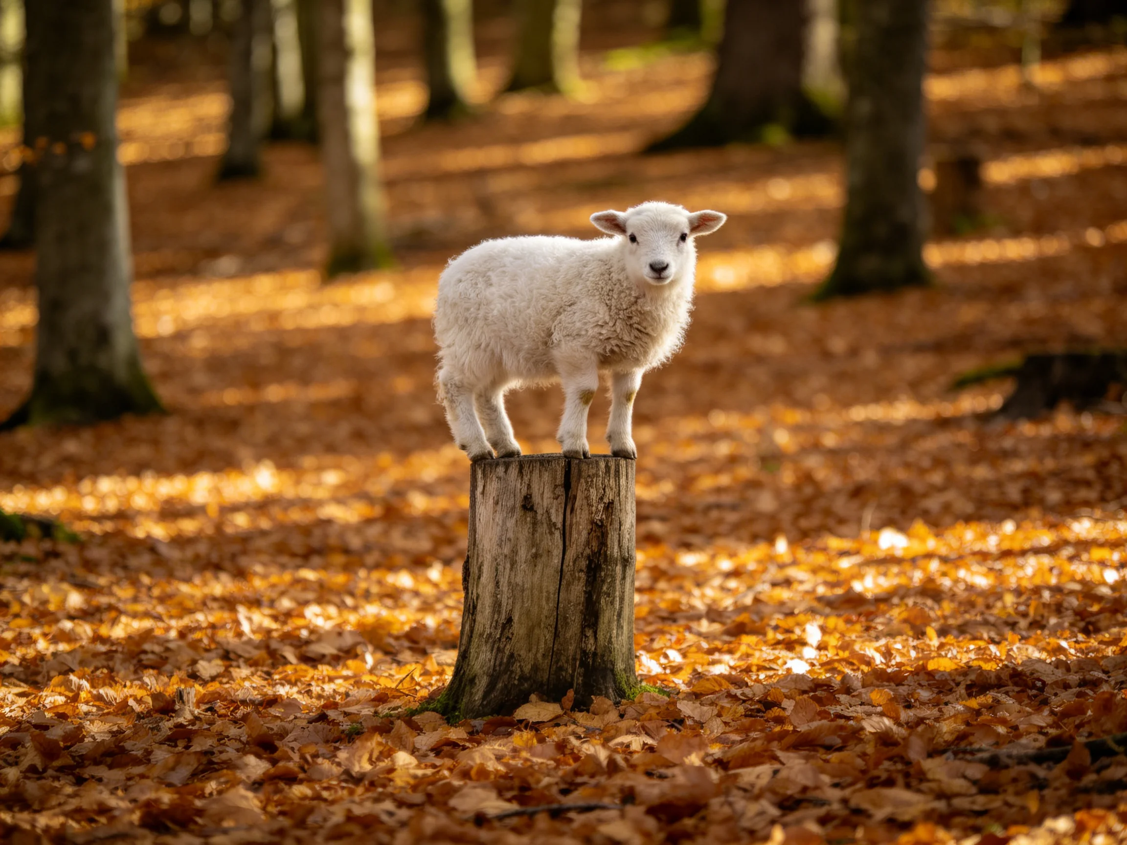 A fluffy white lamb stands atop a weathered tree stump in golden autumn woods