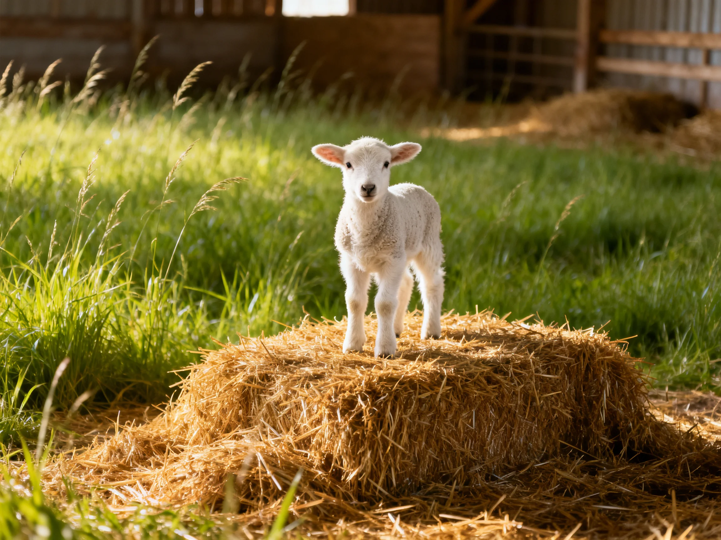 A fluffy white lamb stands atop golden hay bales in a sunlit farm setting.