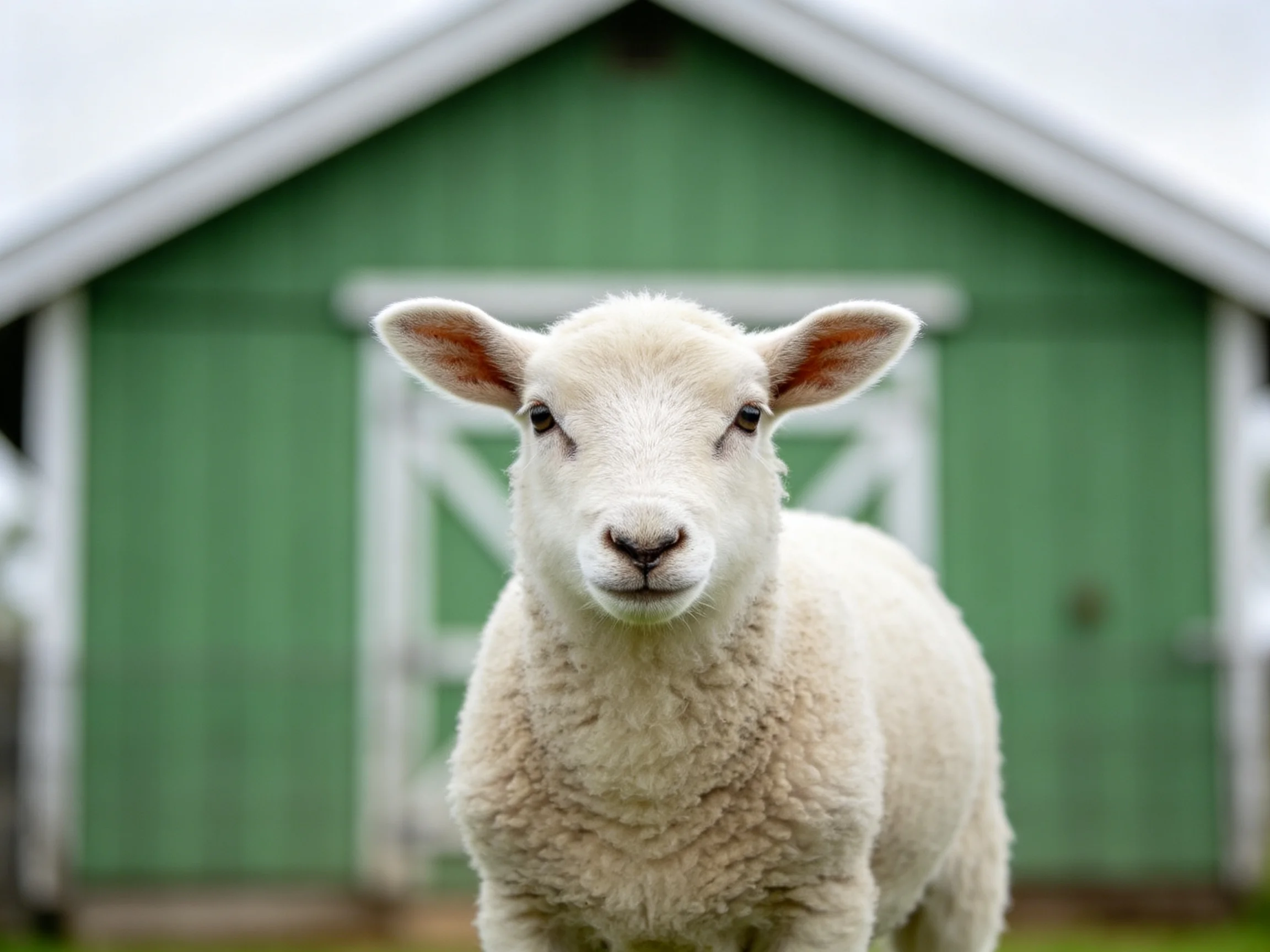 A fluffy white lamb stands before a bright green barn