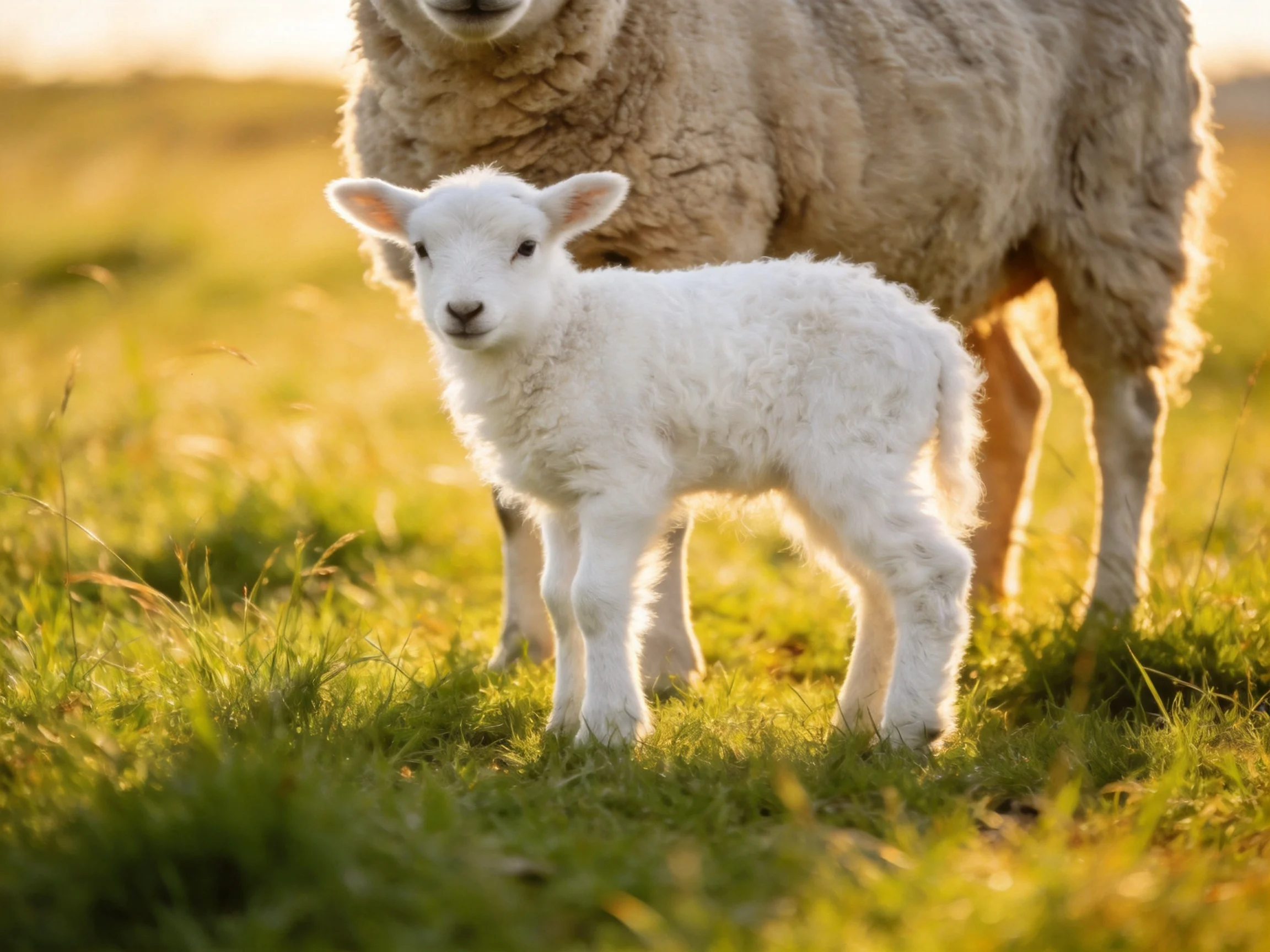 A fluffy white lamb stands beside a brown sheep in a sunlit meadow
