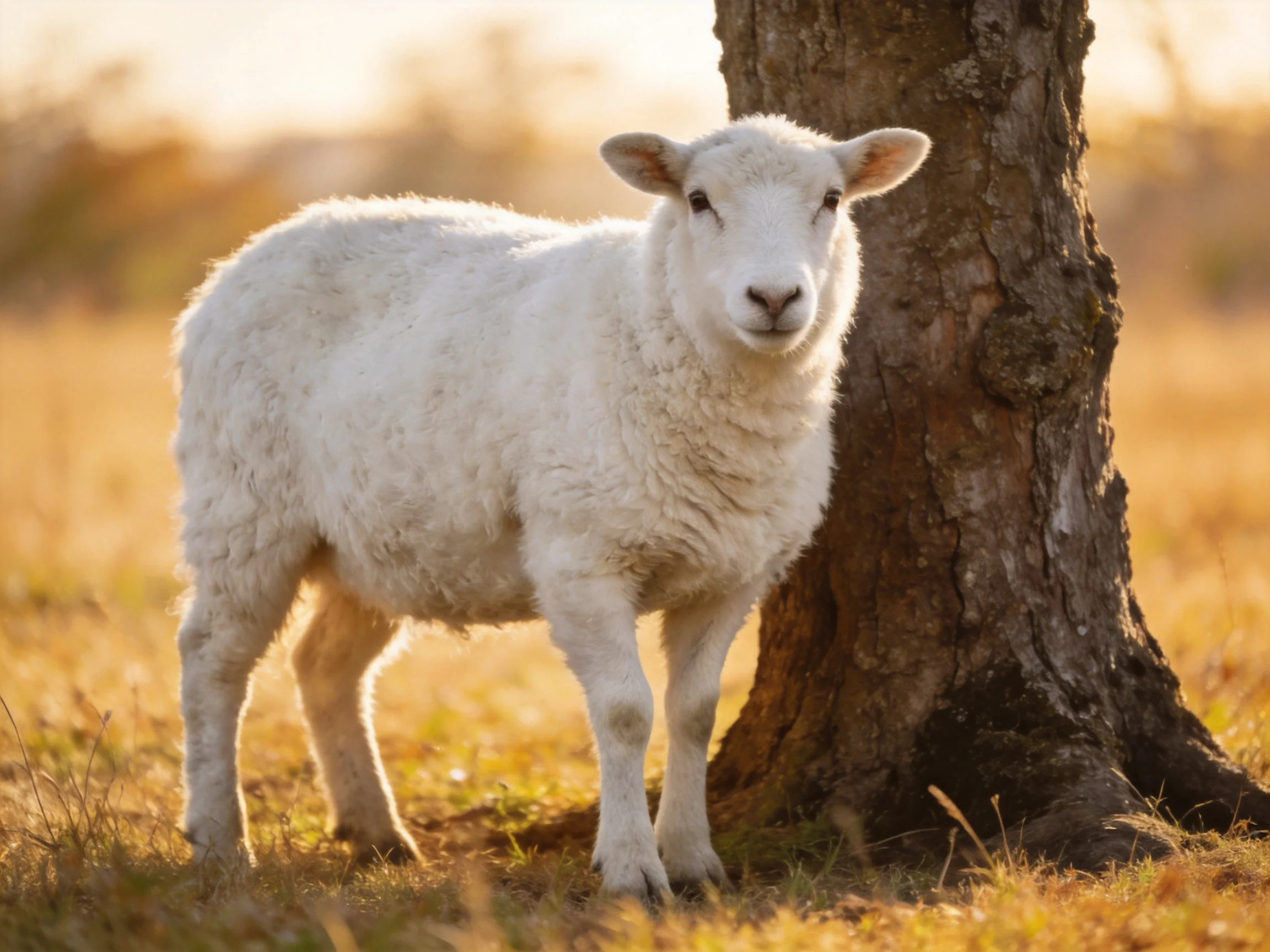A fluffy white lamb stands beside a gnarled brown tree in a golden field