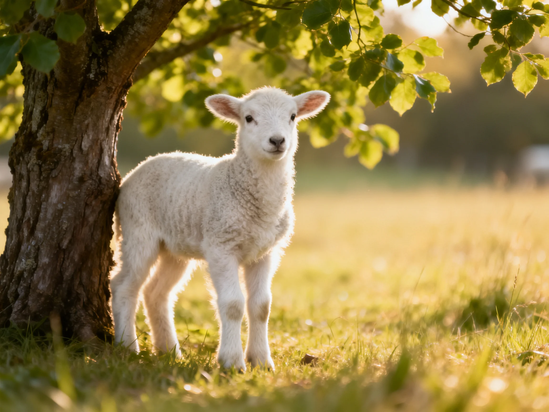 A fluffy white lamb stands beside a gnarled tree trunk