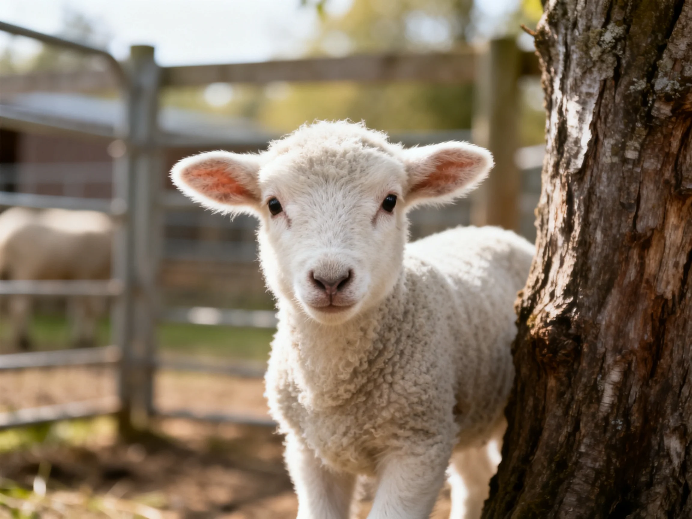 A fluffy white lamb stands beside a textured tree trunk