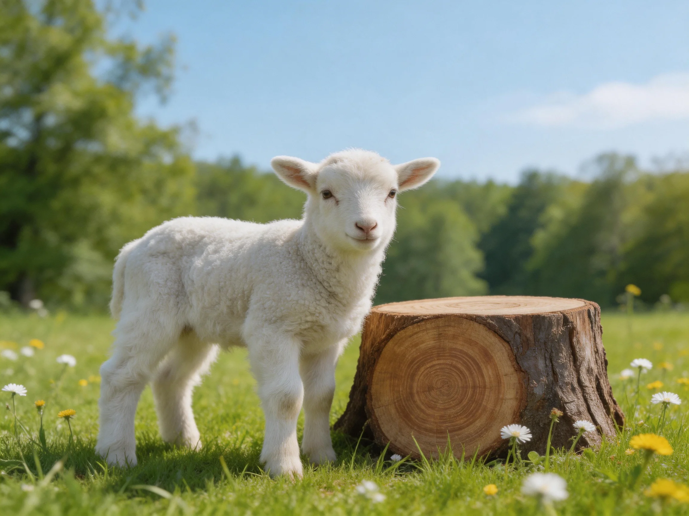 A fluffy white lamb stands beside a wooden stump in a sunny meadow
