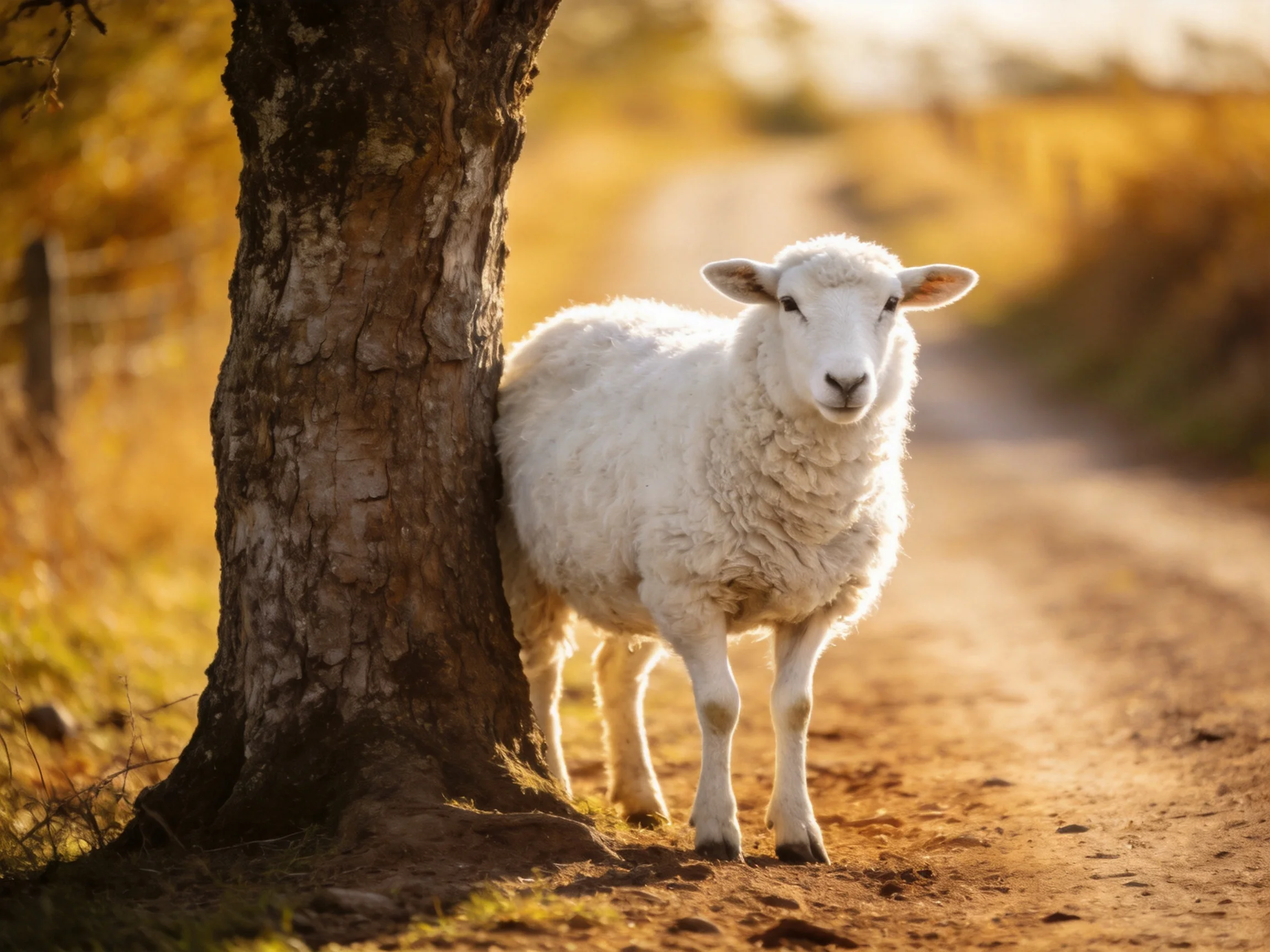 A fluffy white lamb stands beside an aged tree on a sunlit dirt path