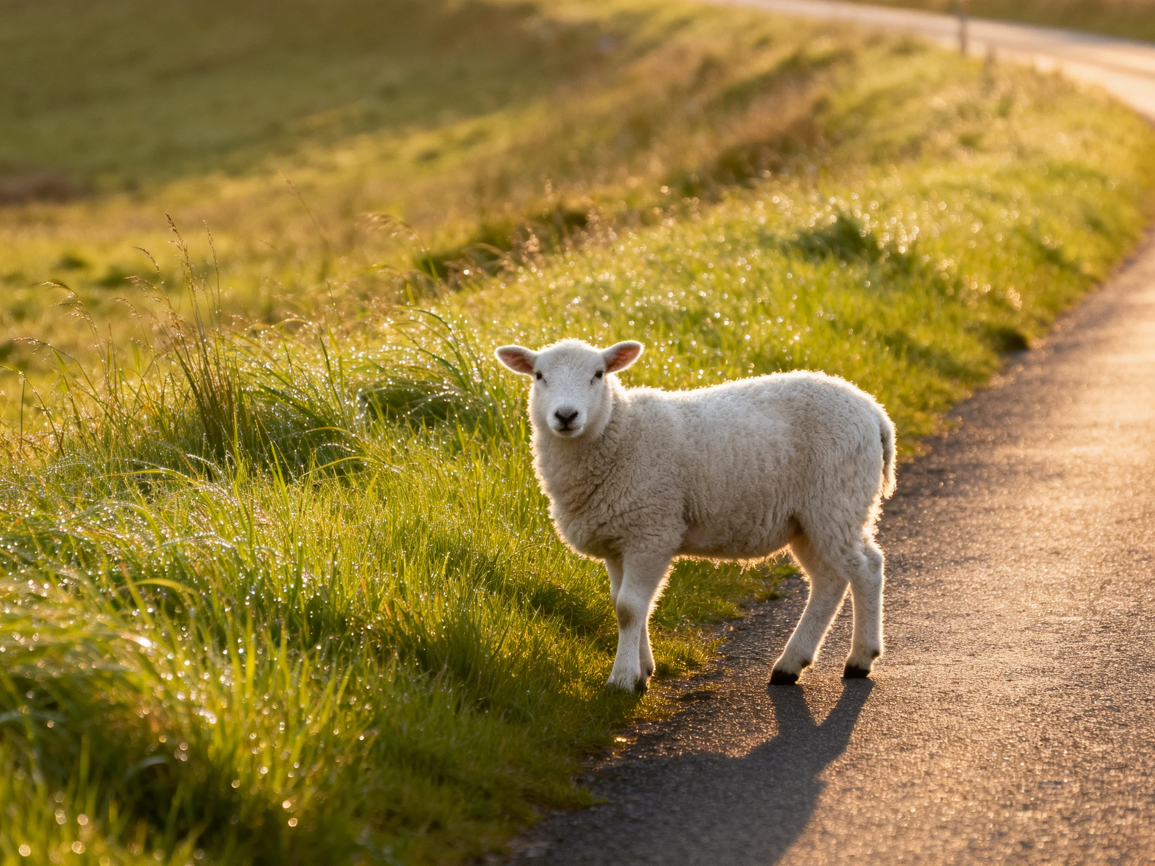 A fluffy white lamb stands by a sunlit country road