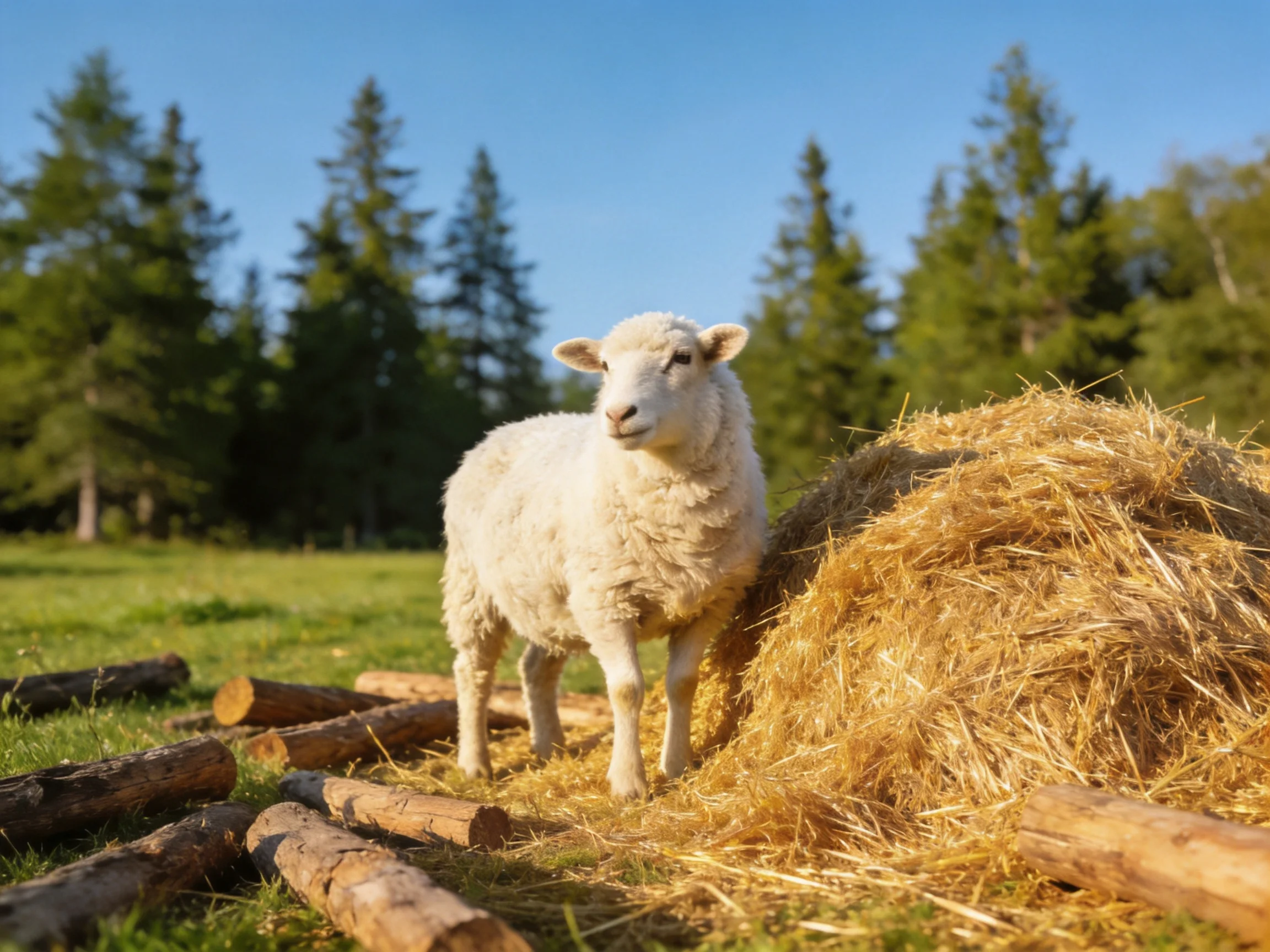 A white lamb stands beside a golden hay pile in a sunlit field.