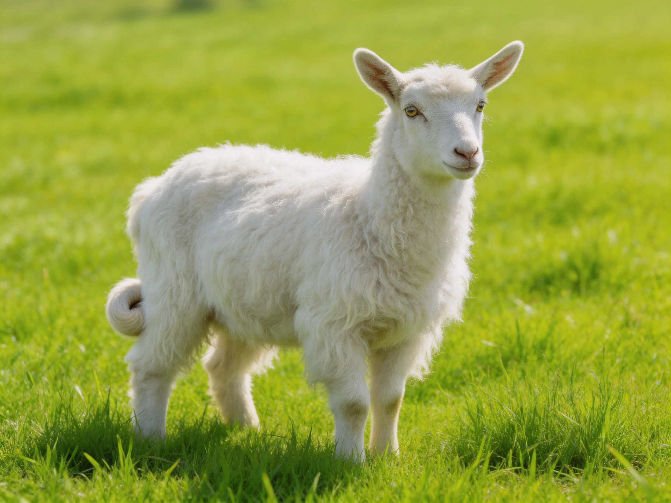 A fluffy white lamb stands in a bright green meadow