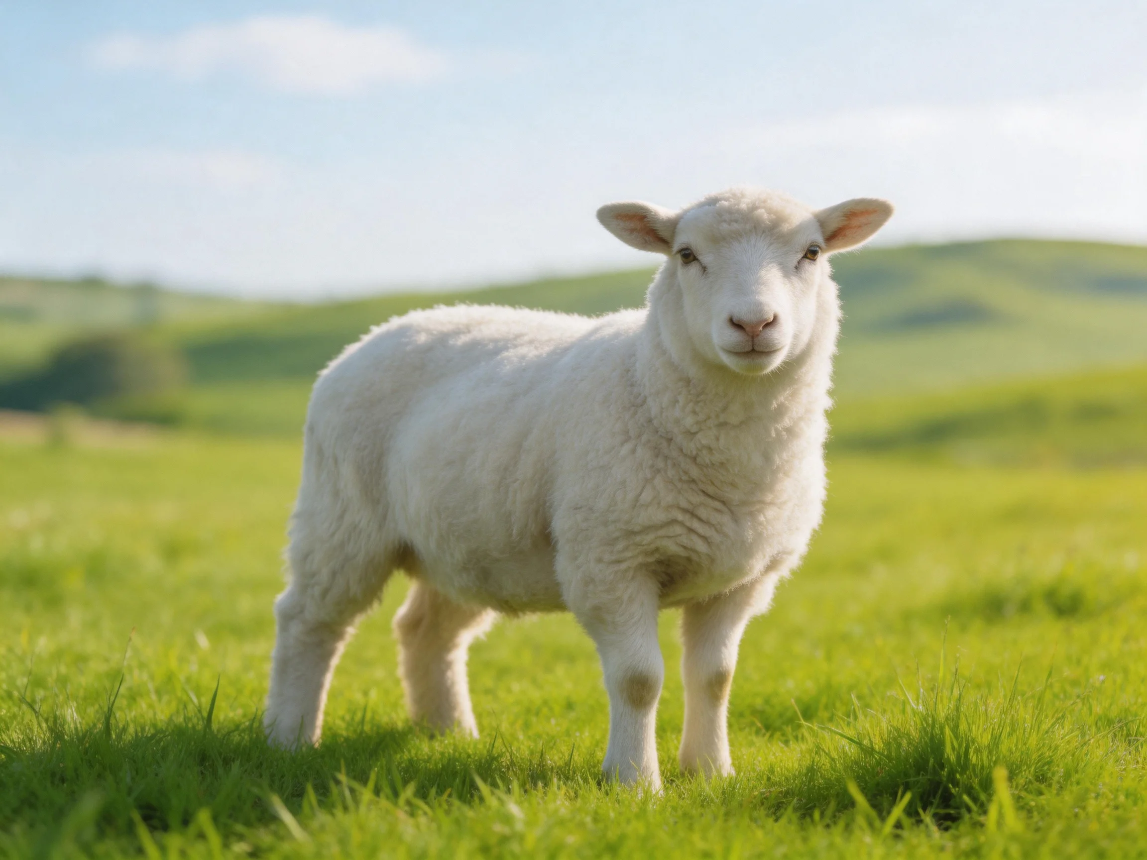 A fluffy white lamb stands in a bright green meadow under clear skies