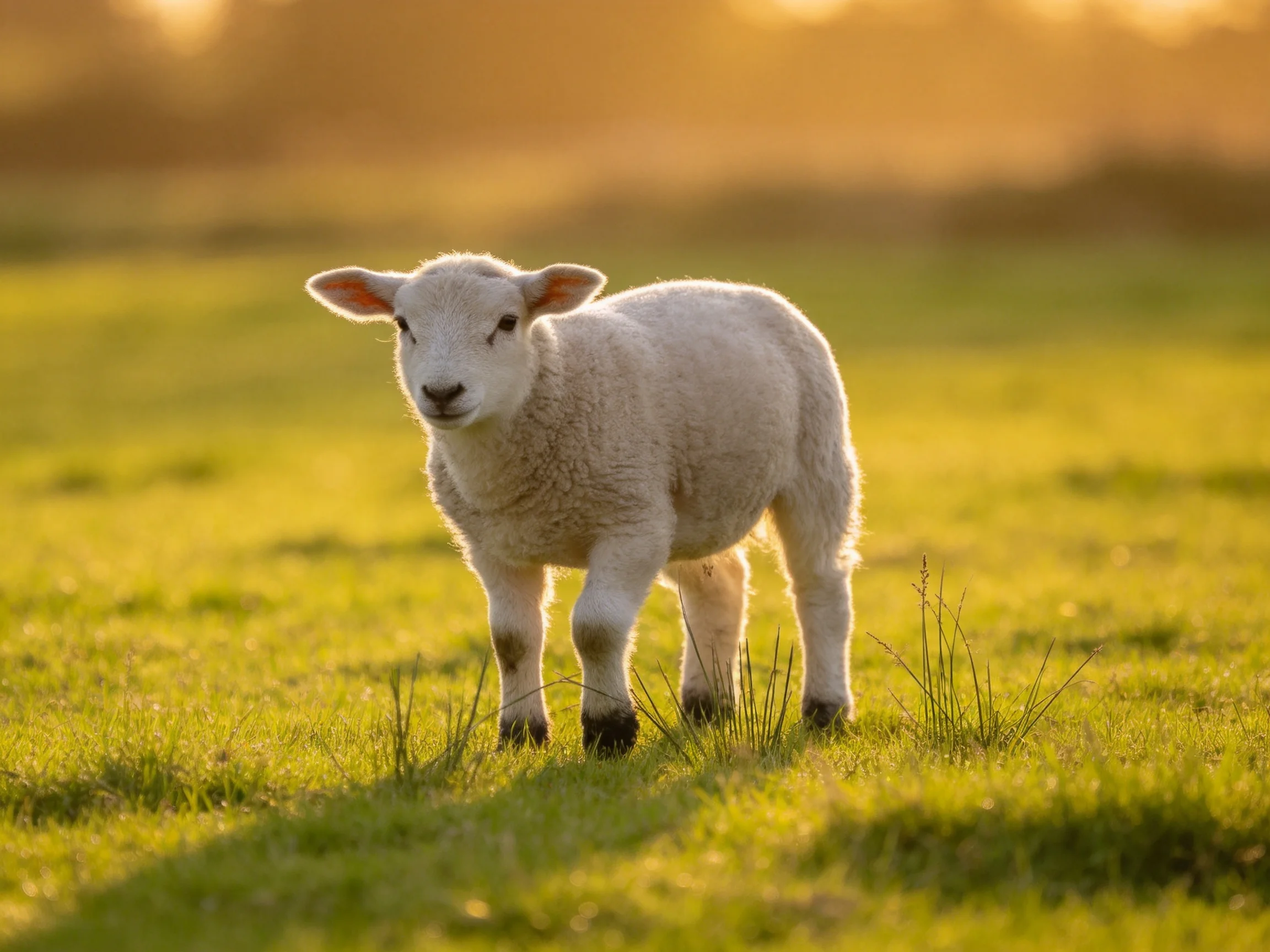 A young lamb stands in a sunlit green pasture.