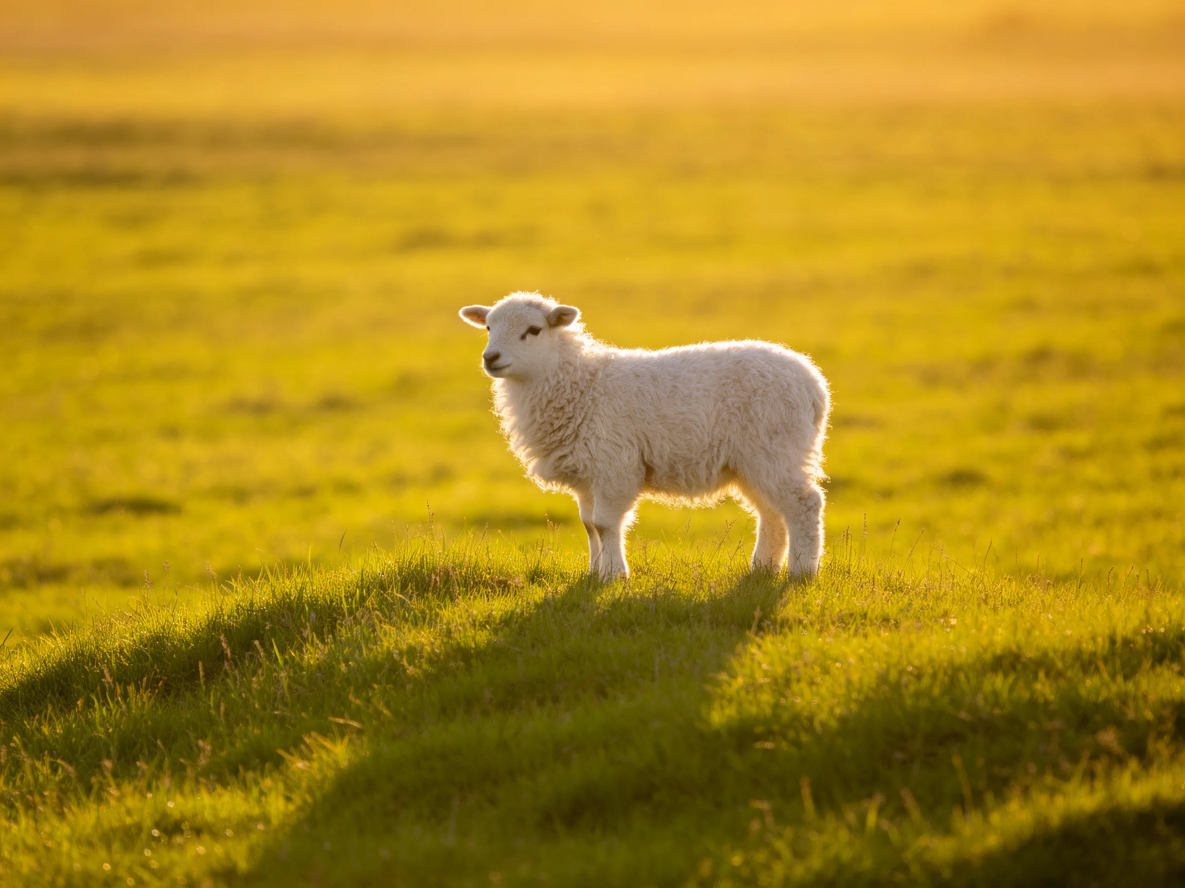 A young white lamb stands in a sunlit golden-green pasture.