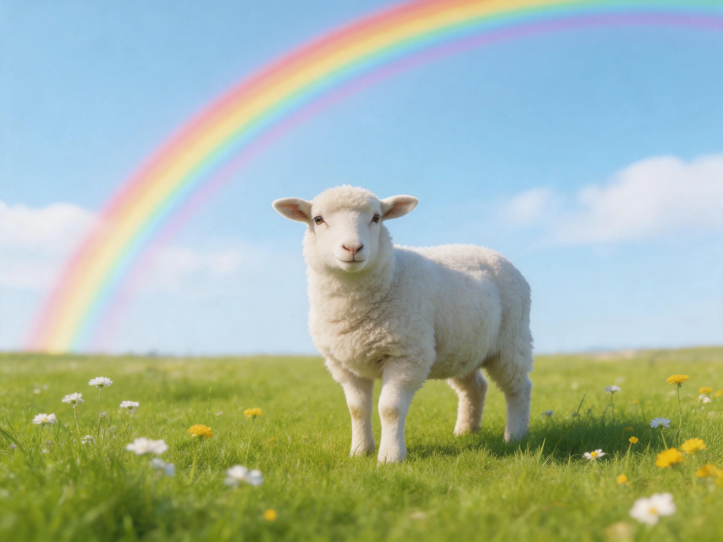 A fluffy white lamb stands in a green meadow with a vibrant rainbow