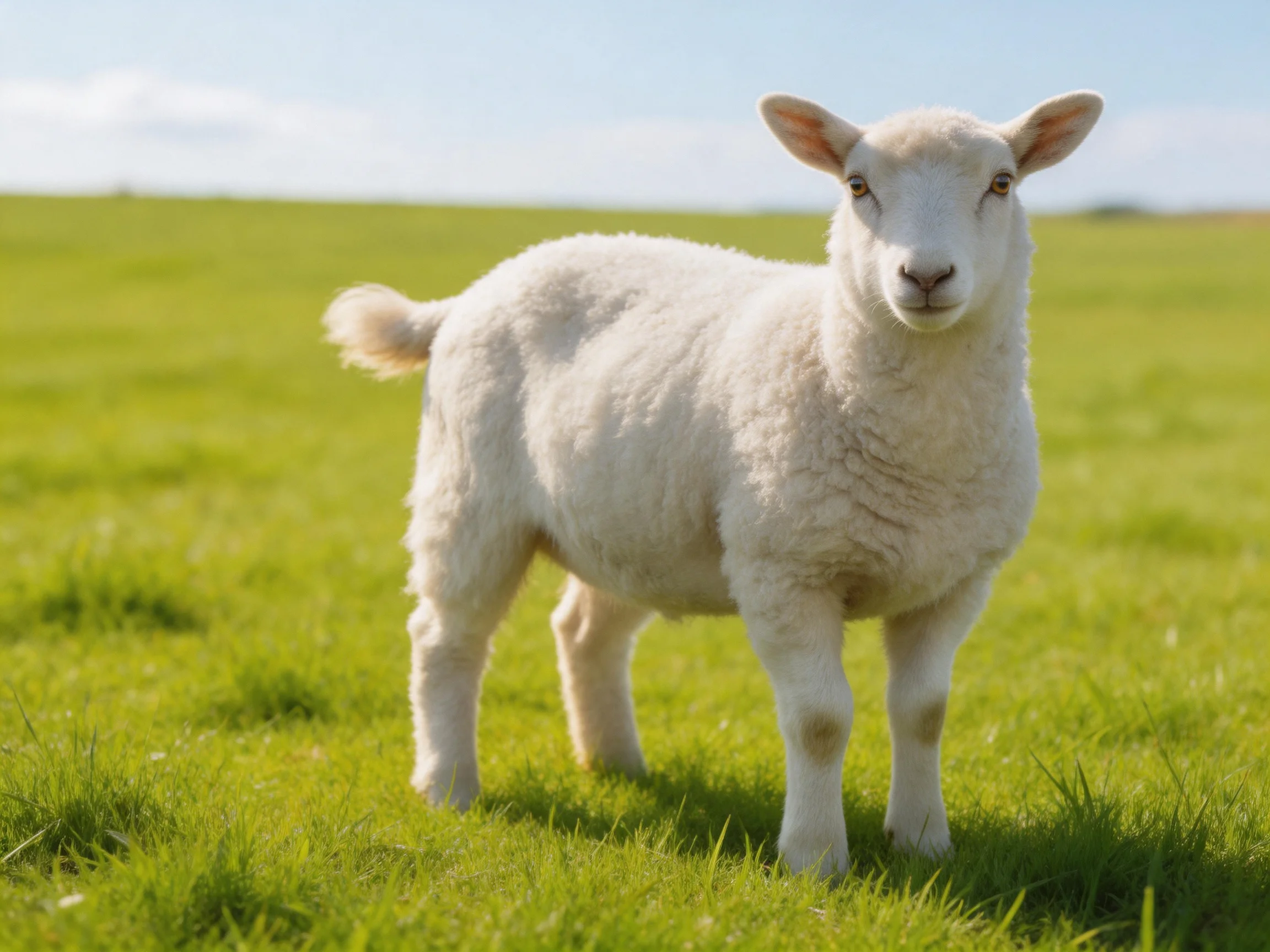 A single white lamb stands in an open green pasture under clear skies.