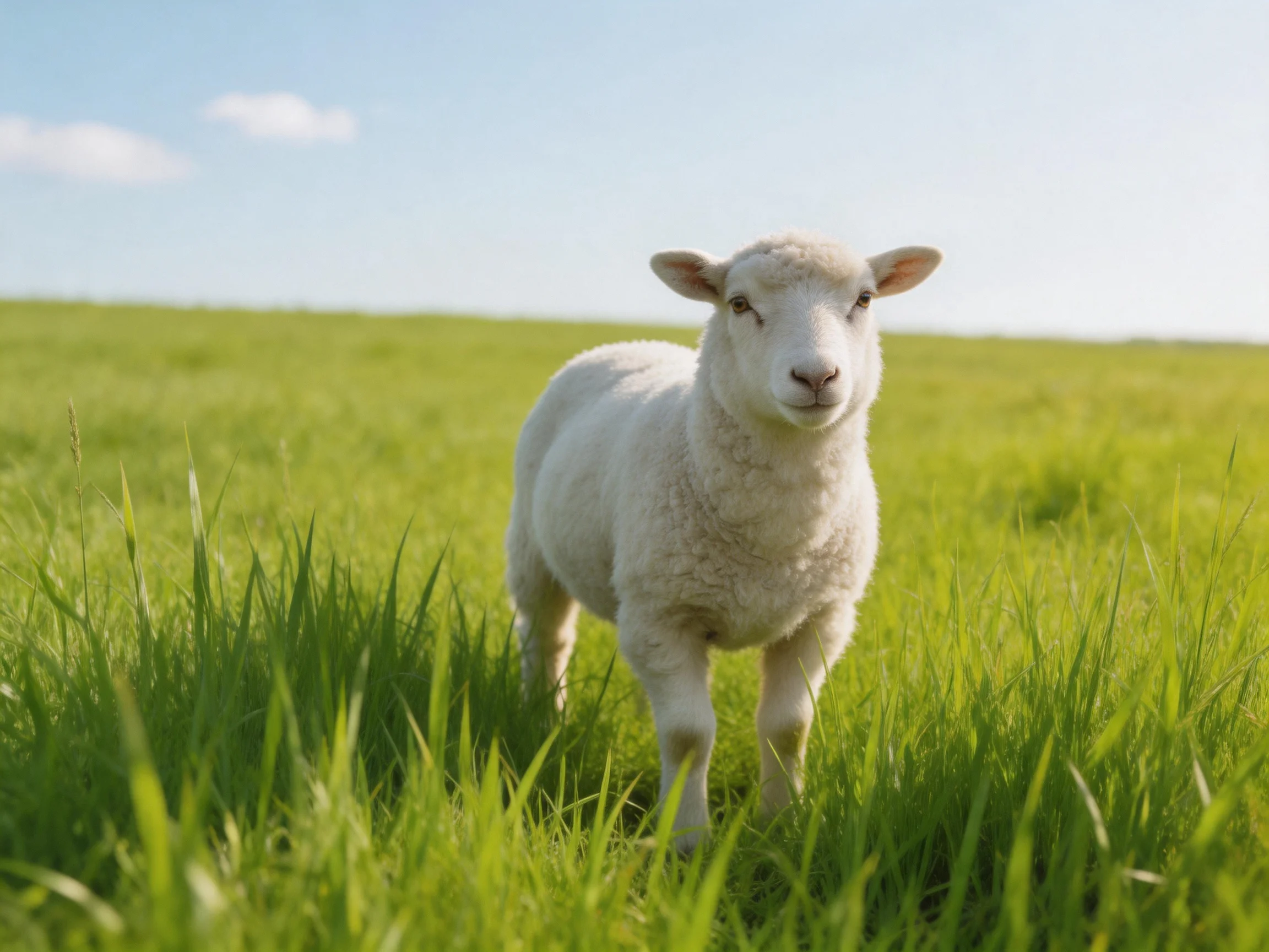 A young sheep stands in a sunlit, expansive green meadow.