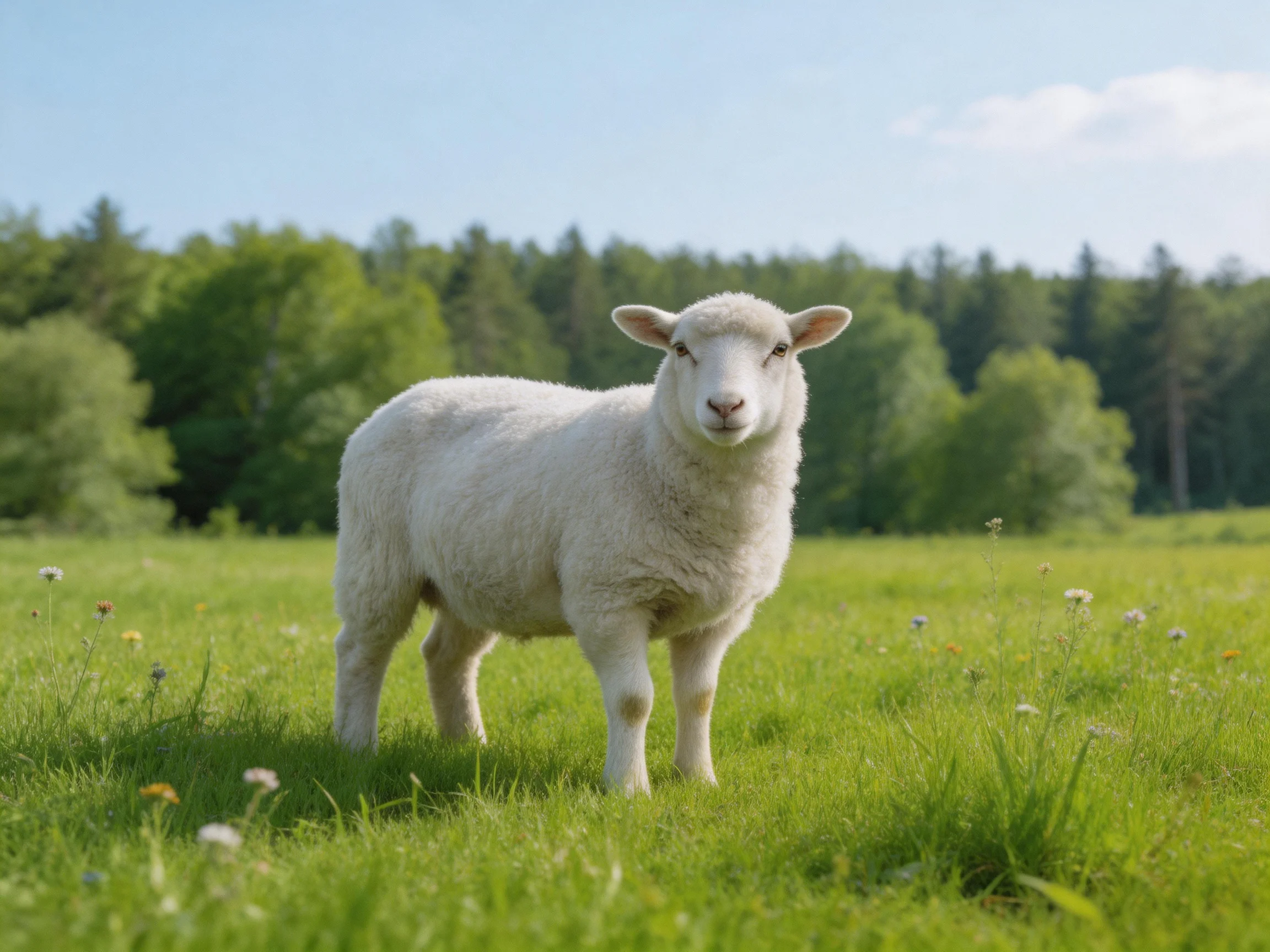 A white lamb stands in a sunlit meadow with trees in the distance