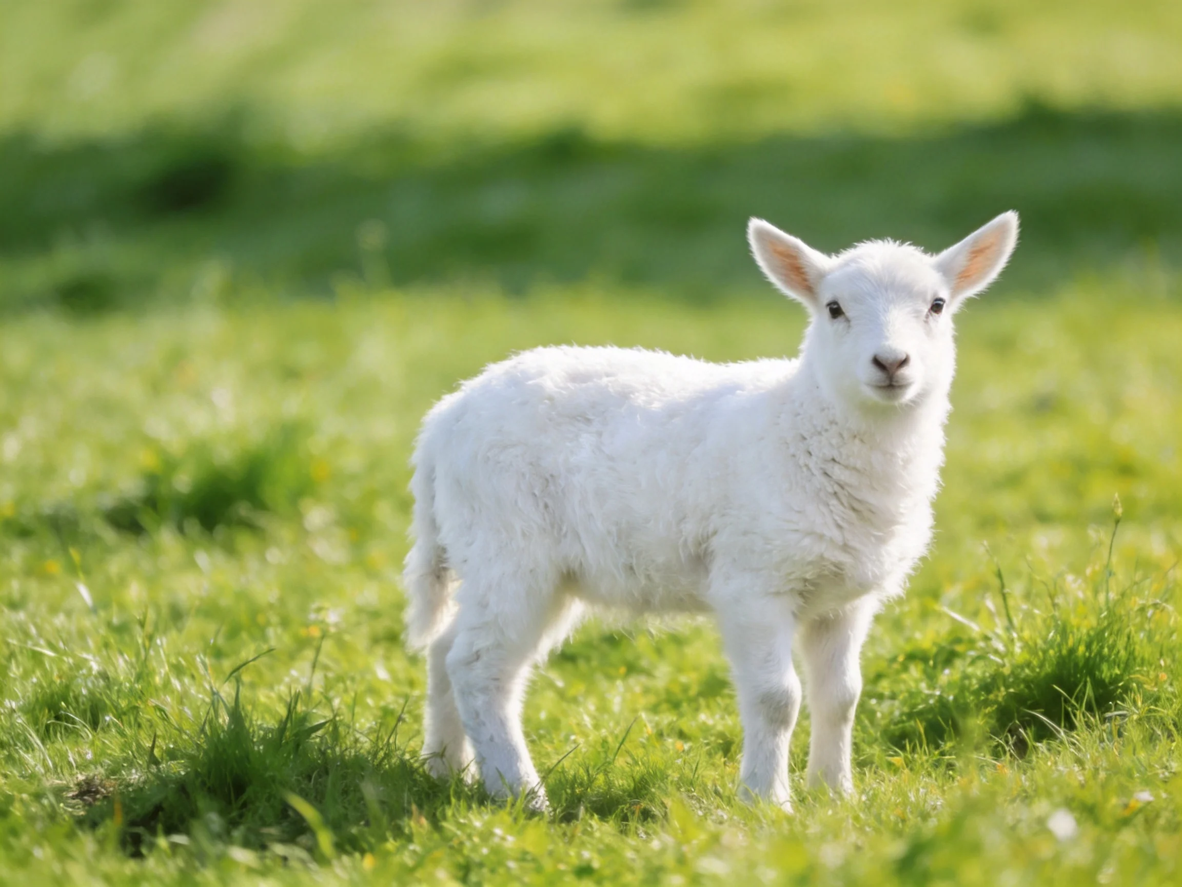 A young white lamb stands in a sunlit green field.