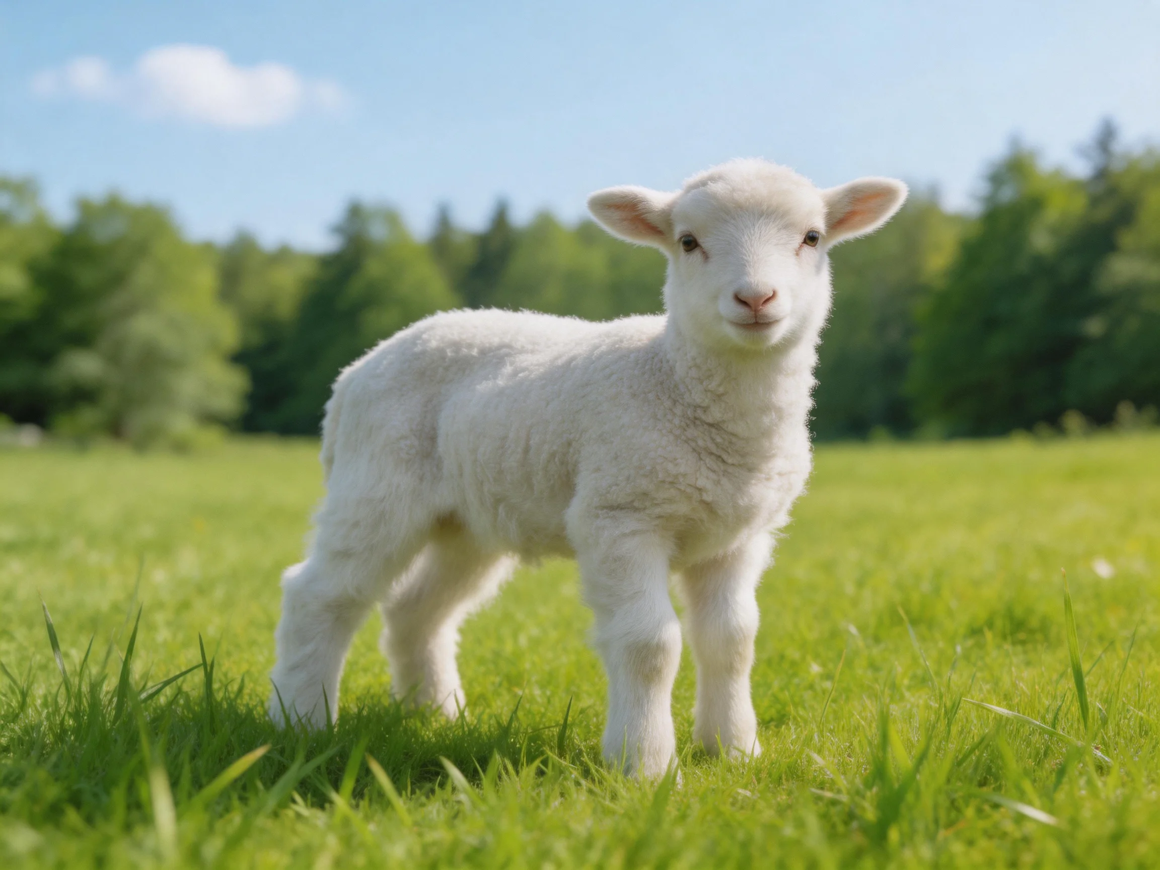 A young white lamb stands in a sunlit green pasture.