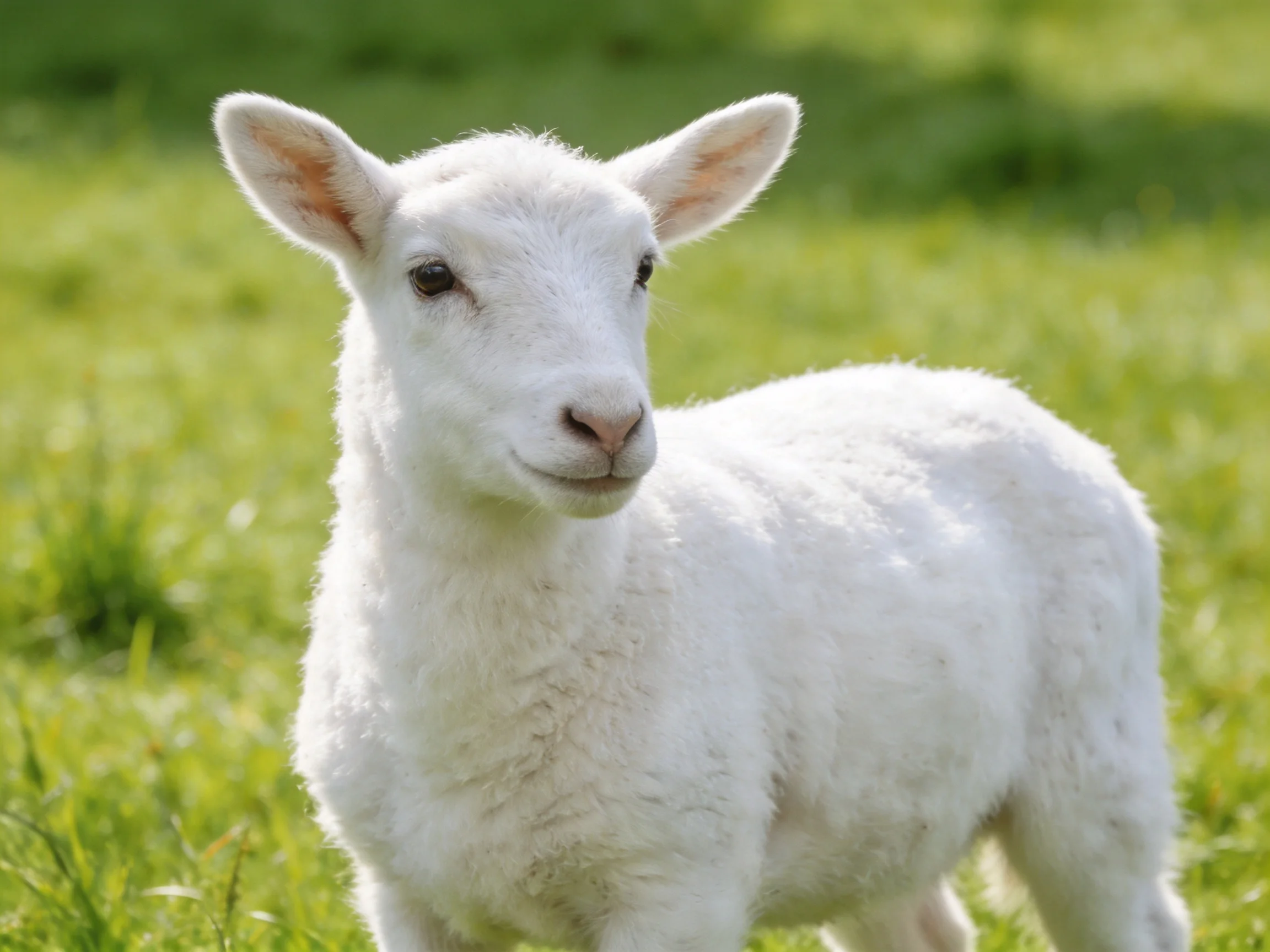 A young white lamb stands in a sunlit grassy field.