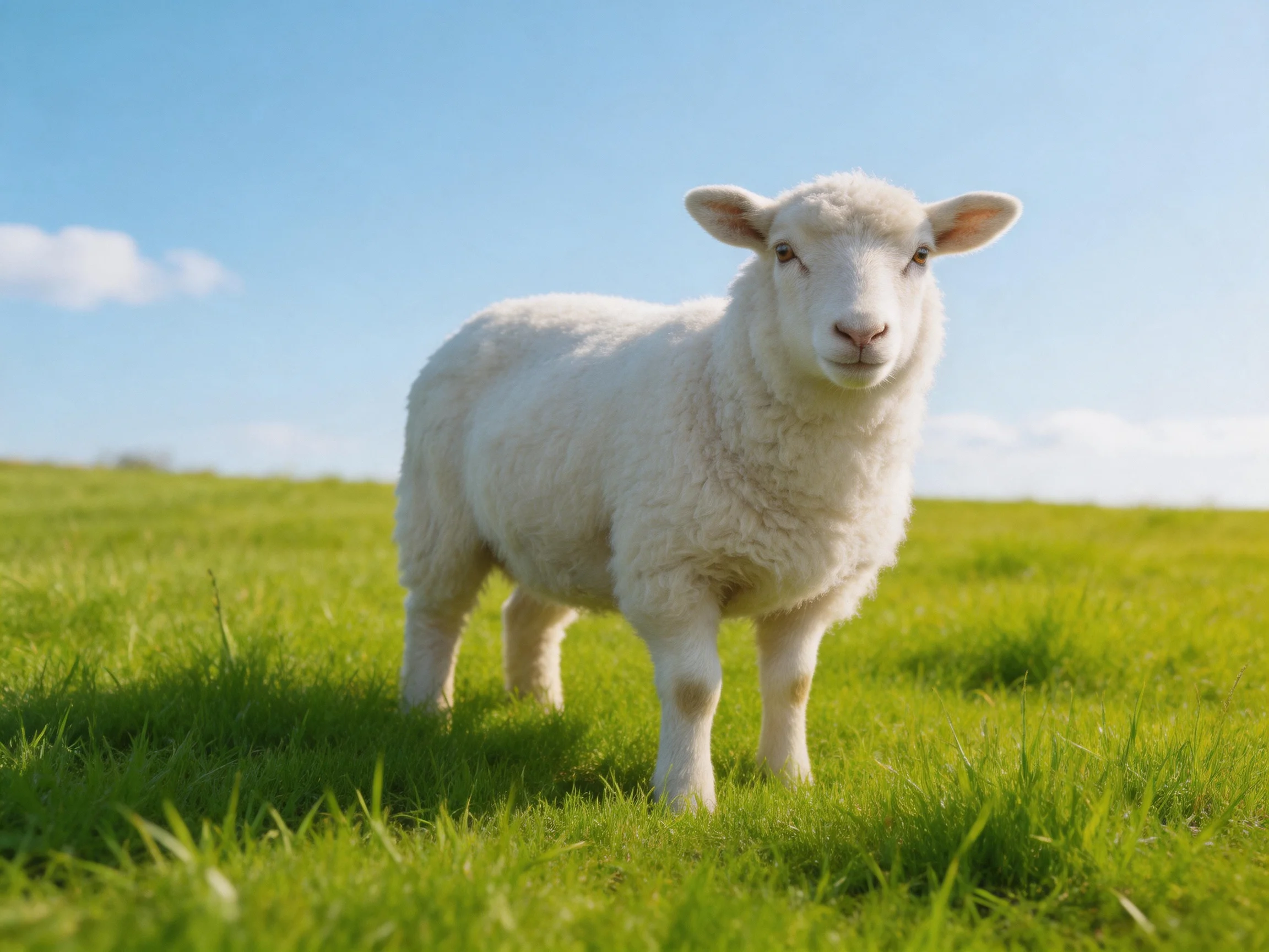 A white lamb stands in a sunlit green meadow with clear blue sky.