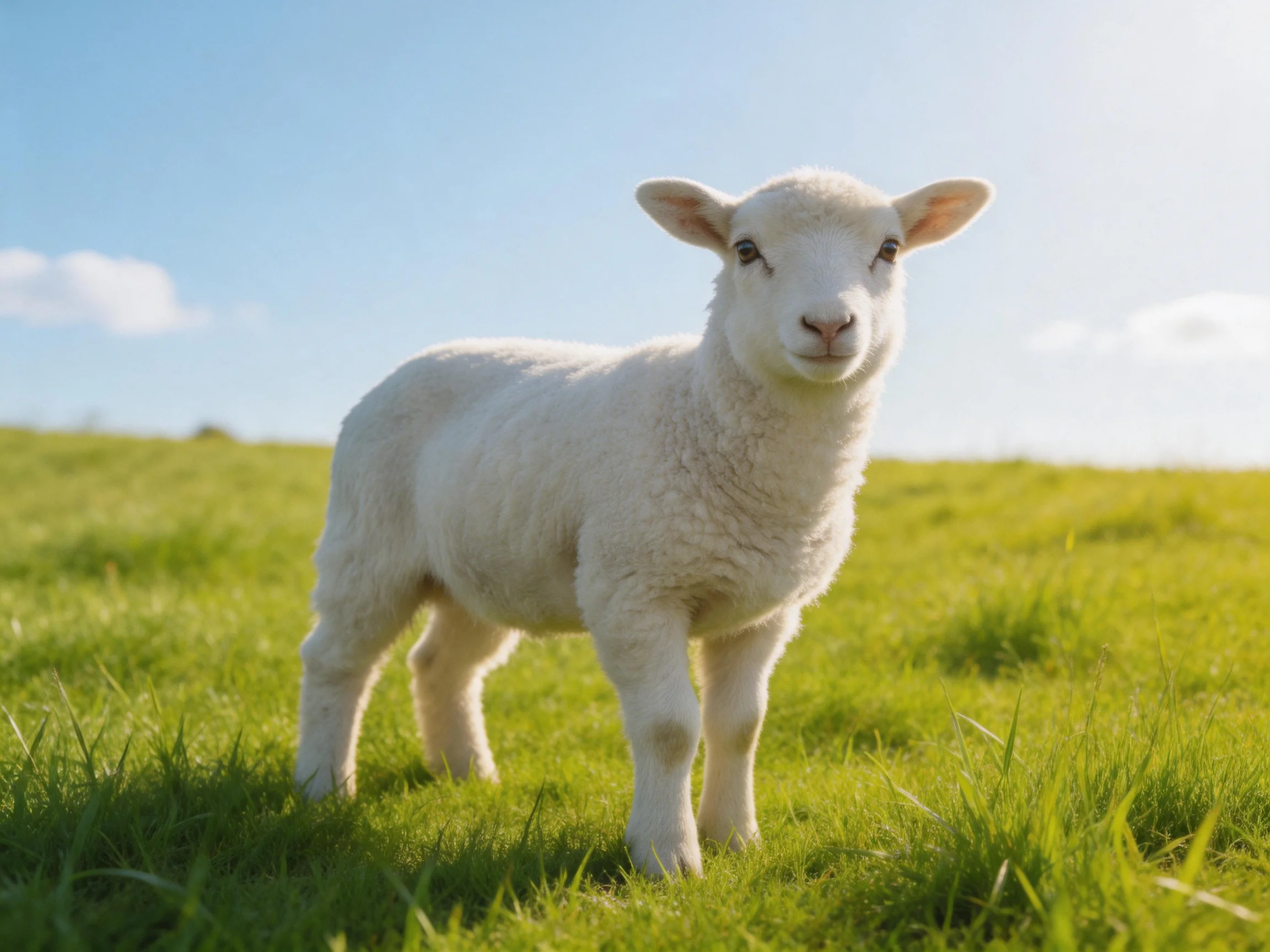 A young sheep stands in a sunlit green field with clear blue skies overhead.