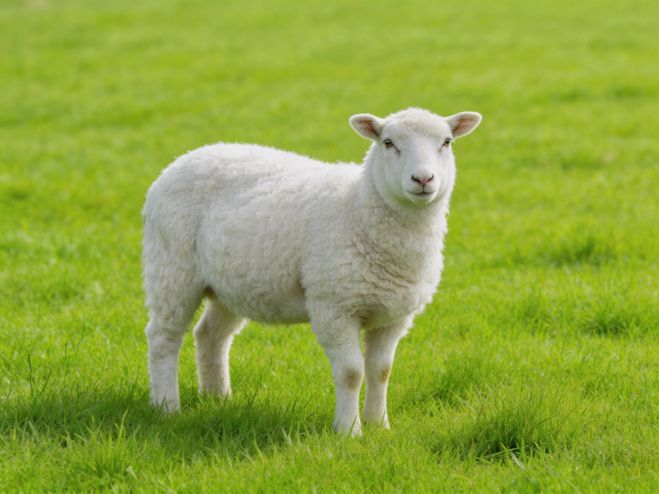 A single white lamb stands calmly in a vibrant green field.