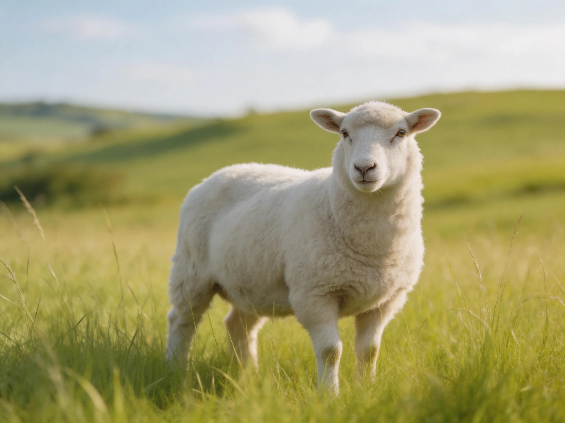 A fluffy white lamb stands in a sunlit grassy meadow.