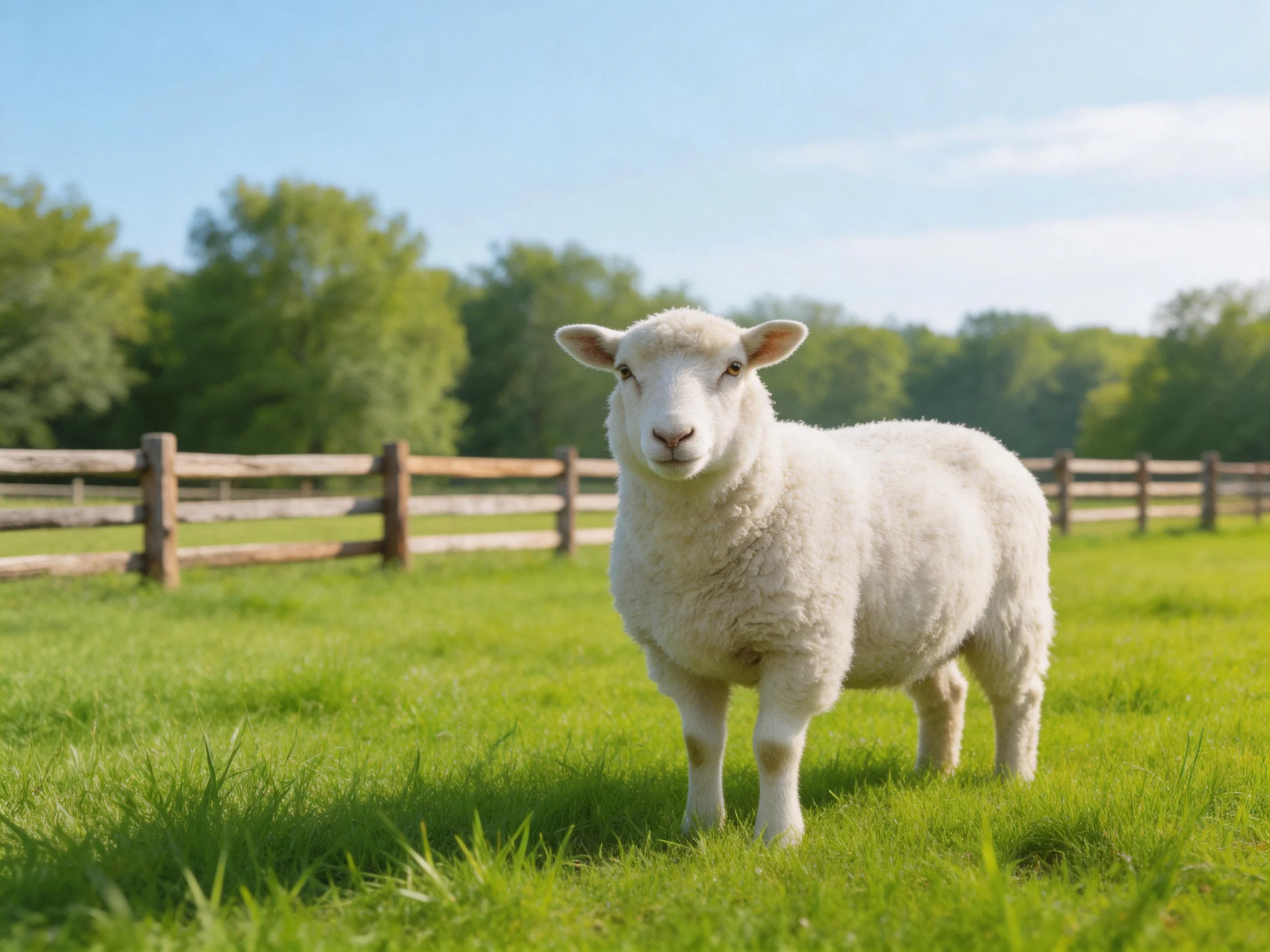 A single white lamb stands in a sunny green pasture with a wooden fence nearby.