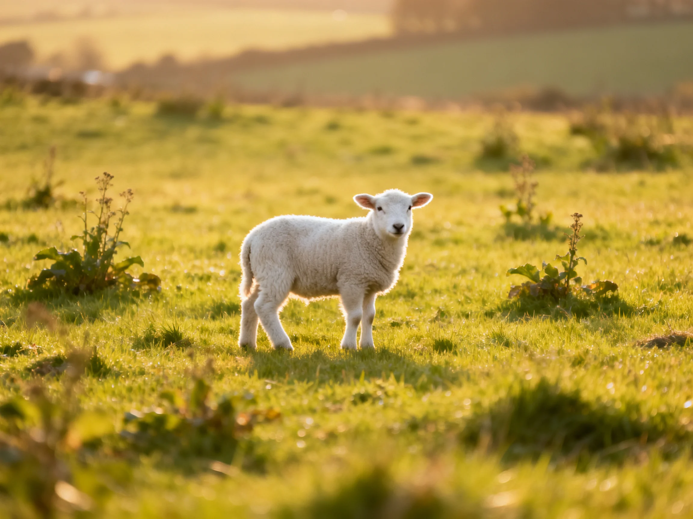 A fluffy white lamb stands in a sun-drenched green pasture