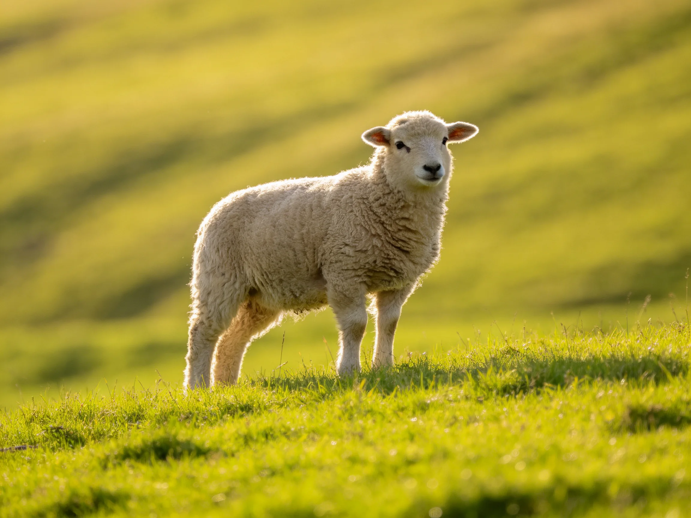 A fluffy white lamb stands in a sun-drenched green pasture