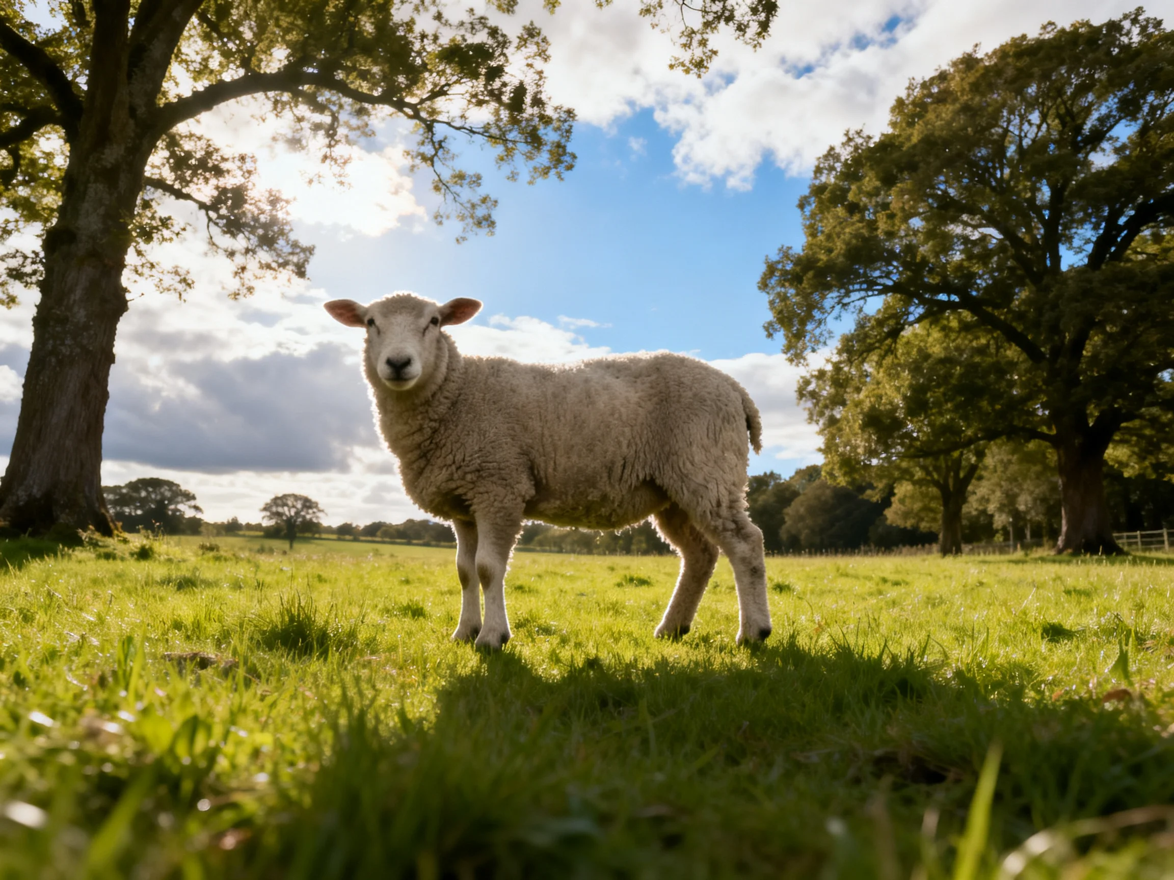 A fluffy white lamb stands in a sun-drenched green pasture with tall trees.