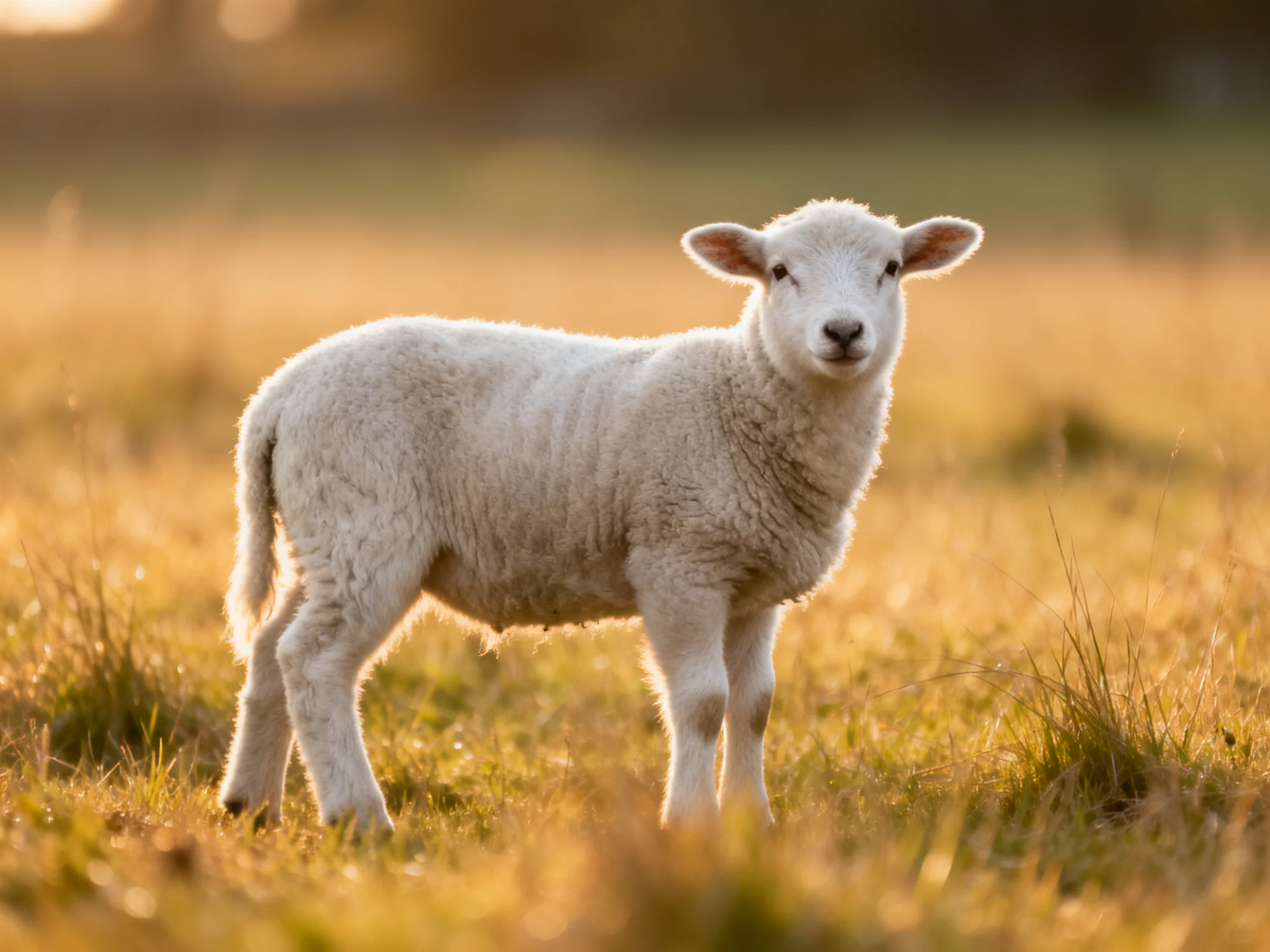 A fluffy white lamb stands in a sunlit golden meadow