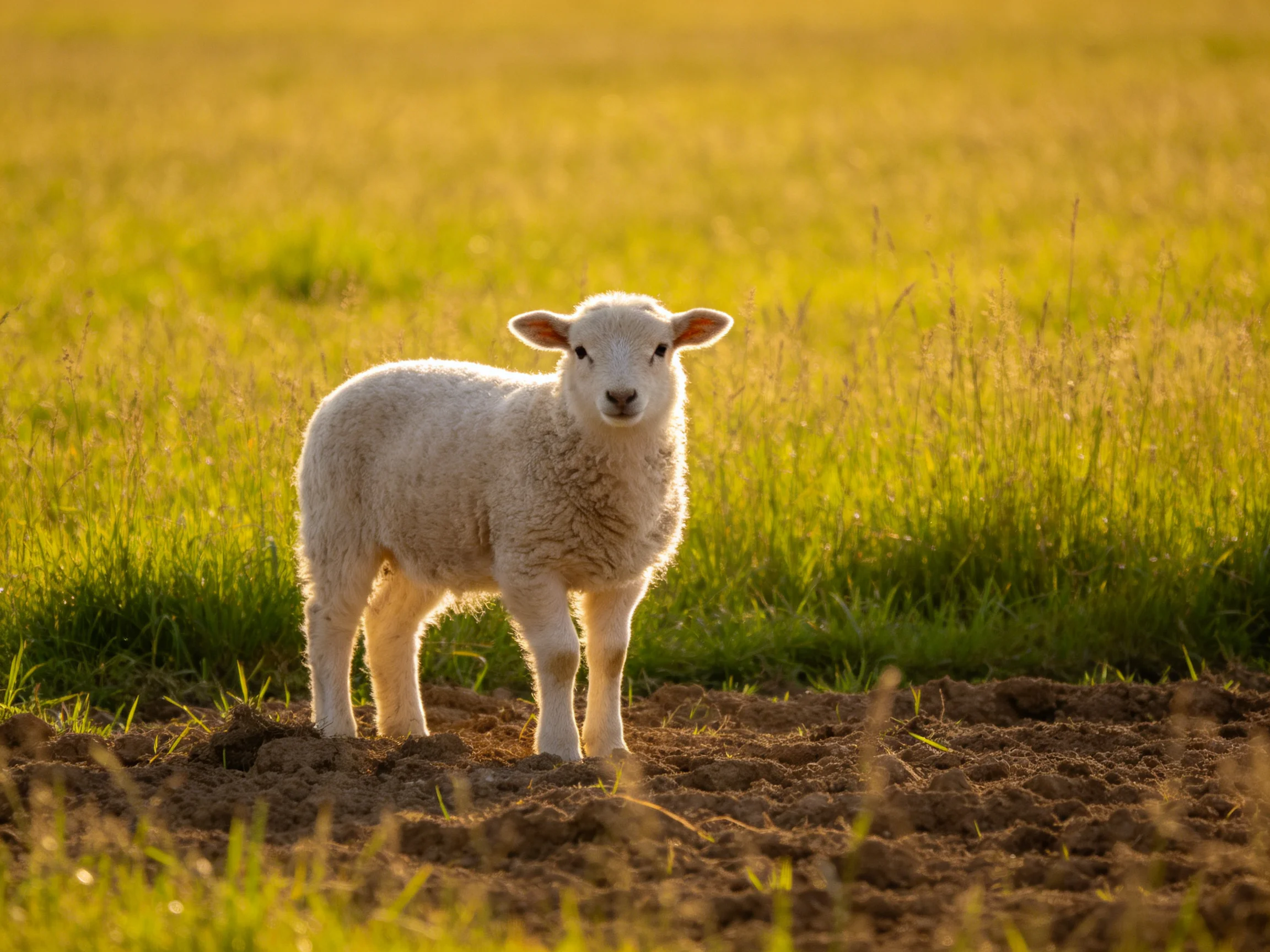 A fluffy white lamb stands in a sunlit green-brown meadow