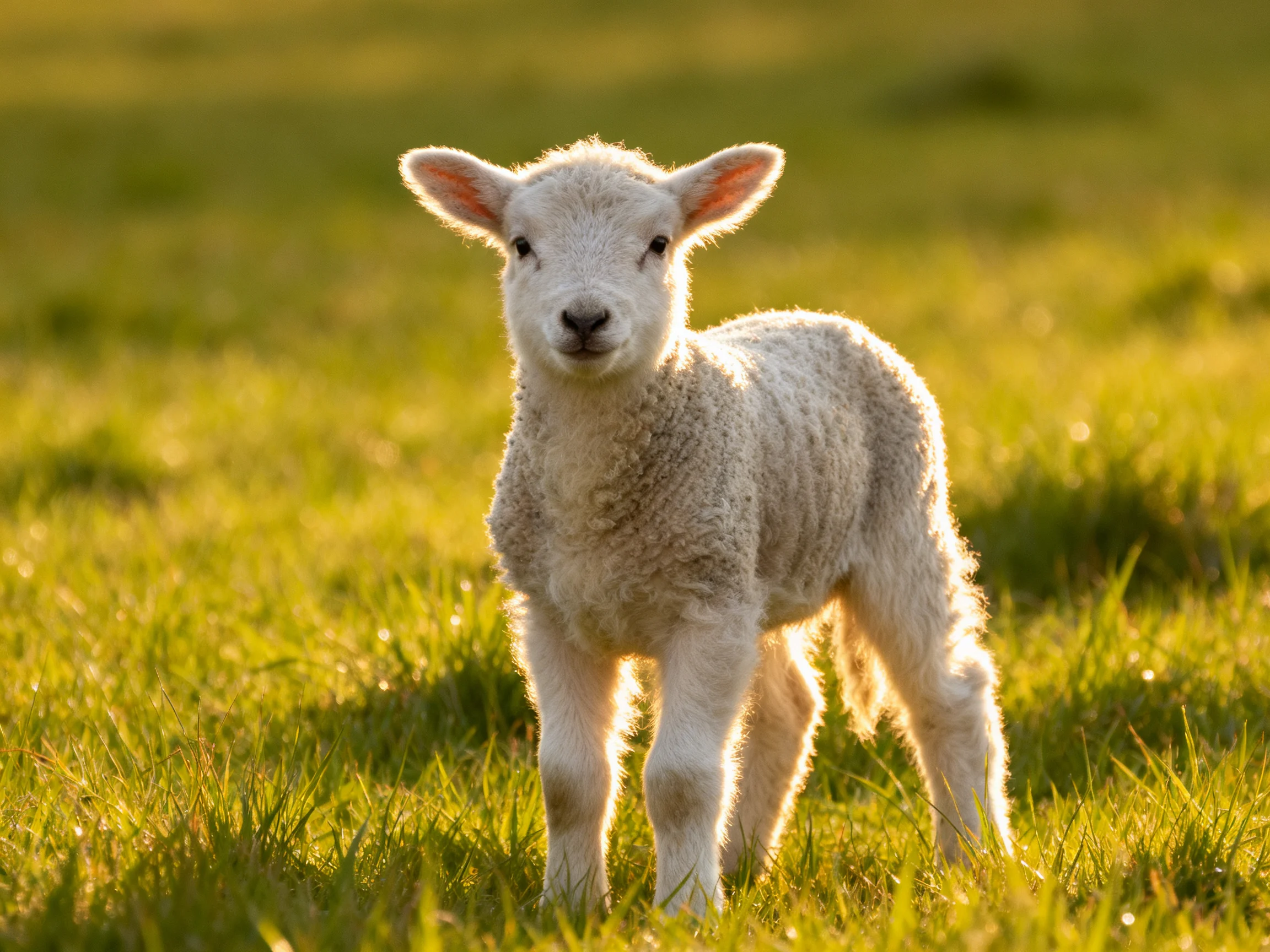 A fluffy white lamb stands in a sunlit green meadow
