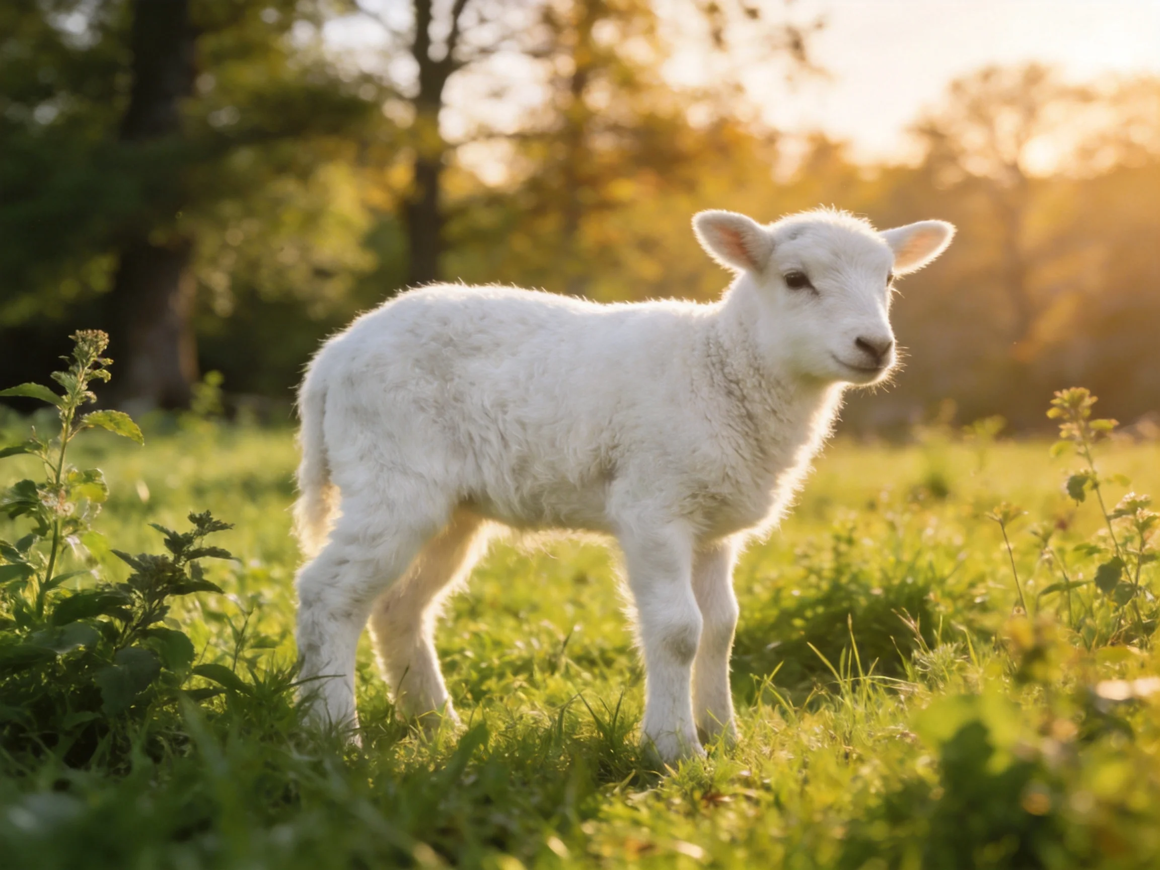 A fluffy white lamb stands in a sunlit green meadow