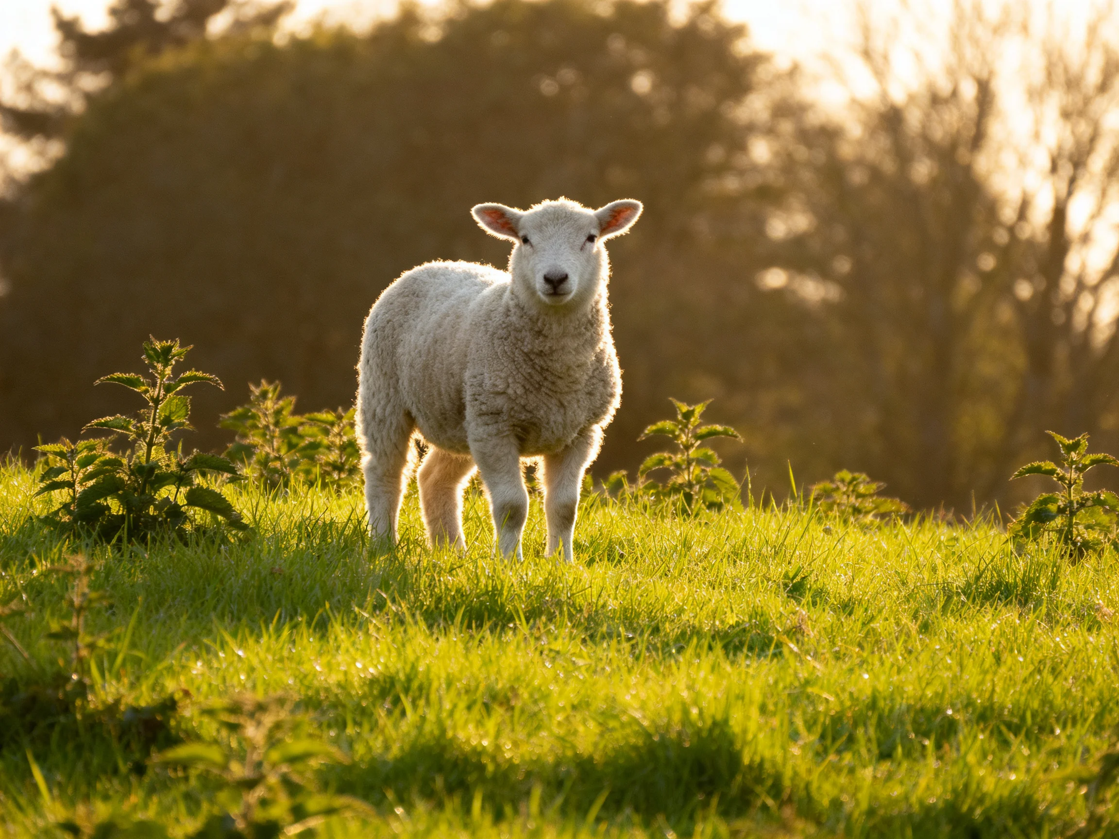 A fluffy white lamb stands in a sunlit green meadow